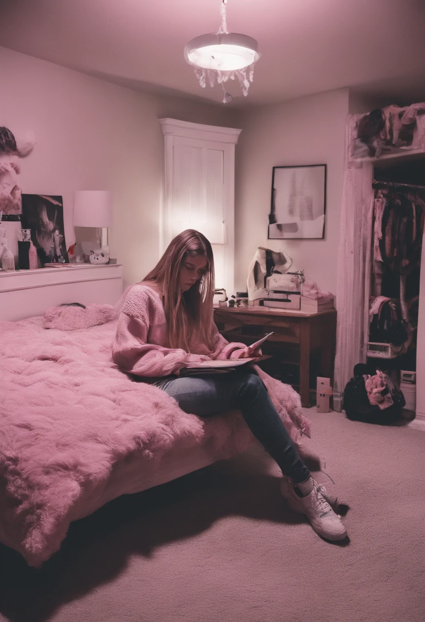 A photo of a teenage girl relaxing in her bedroom. She is sitting cross-legged on a white shag rug, leaning back against a pink bean bag chair. The girl has long blonde hair and is wearing jeans and a pink sweater. She is looking down at the phone in her hands and using the Snapchat app. The phone's screen shows the Snapchat camera viewfinder open. The room has white walls, pink curtains, and clutter typical of a teen's bedroom, including books, clothes, and posters.