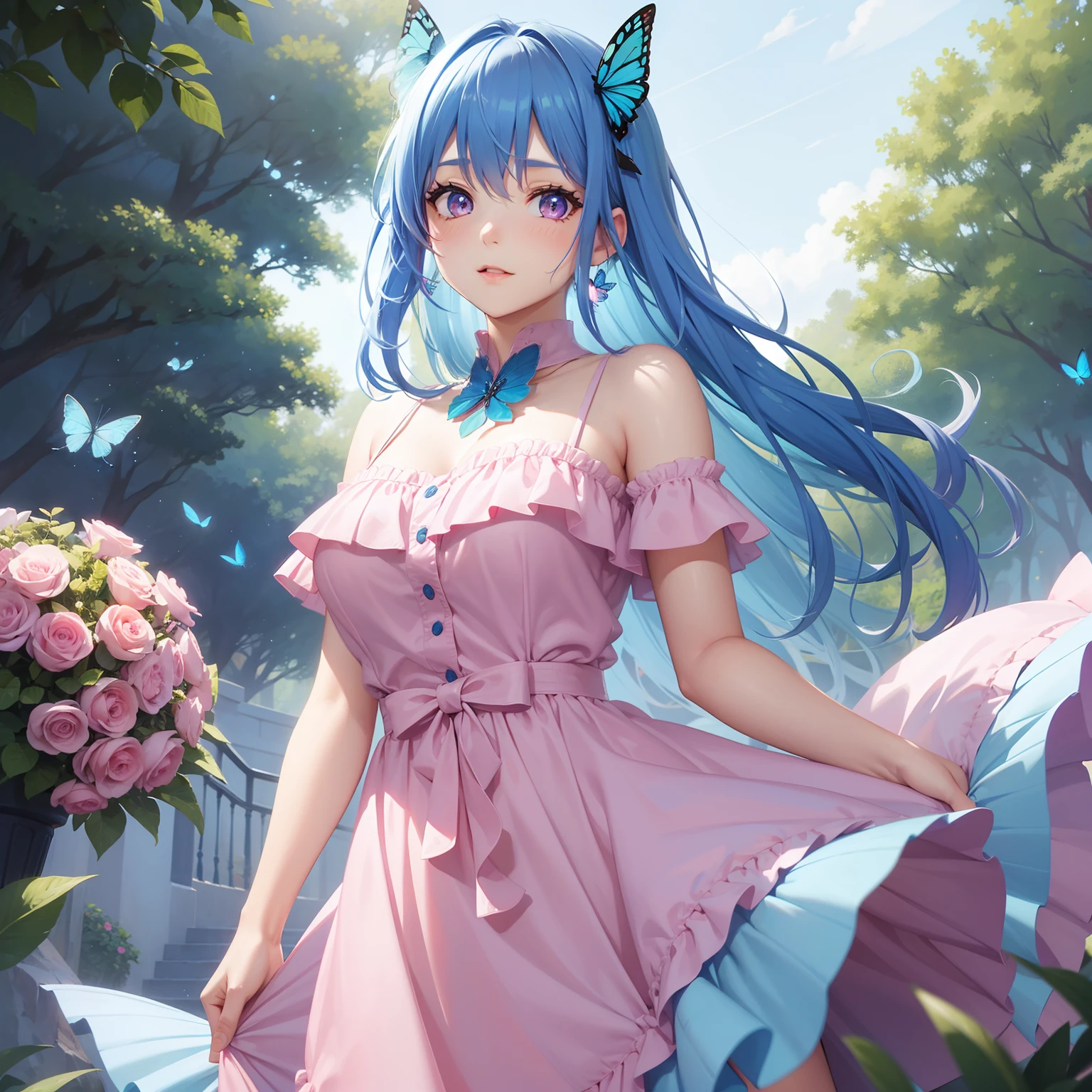 a women, blue butterfly, blue hair, pink eyes, pink dress