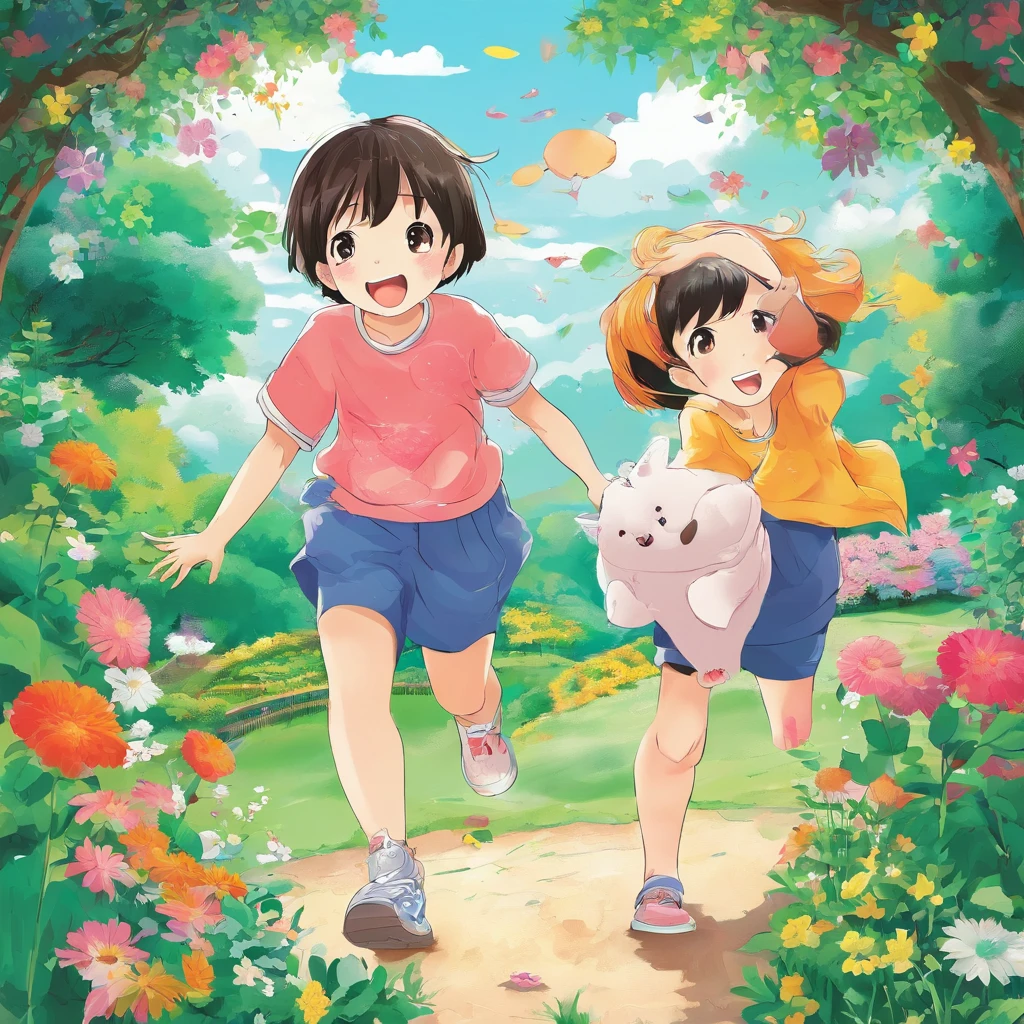 Children, in the garden, playing, happy smiling, poster of children day