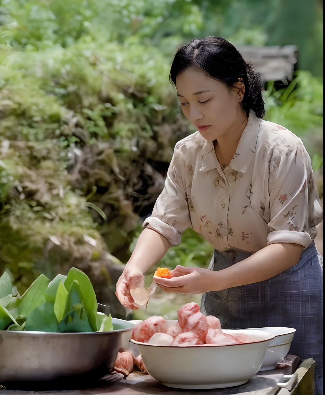 Woman preparing food in a bowl on a table outside, screenshots from movies, Still from the movie, cinematic Film still from, still frame from a movie, still from live action movie, cinematic Film still from, inspirado por Kim Jeong-hui, noon, still image from the movie, subtitles, cinematic Film still from, cinematic Film still from, jia