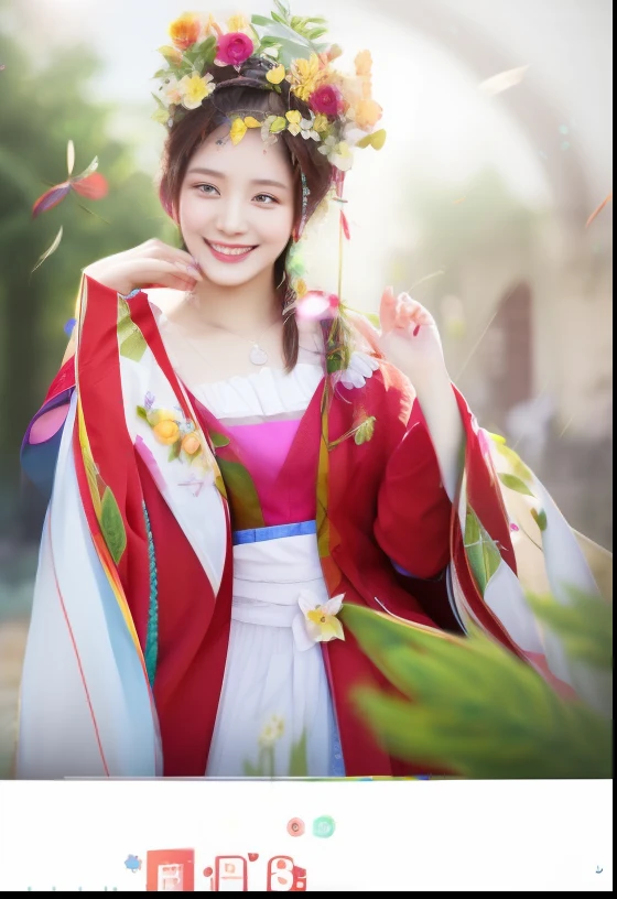 Smiling woman in dress with flowers in her hair