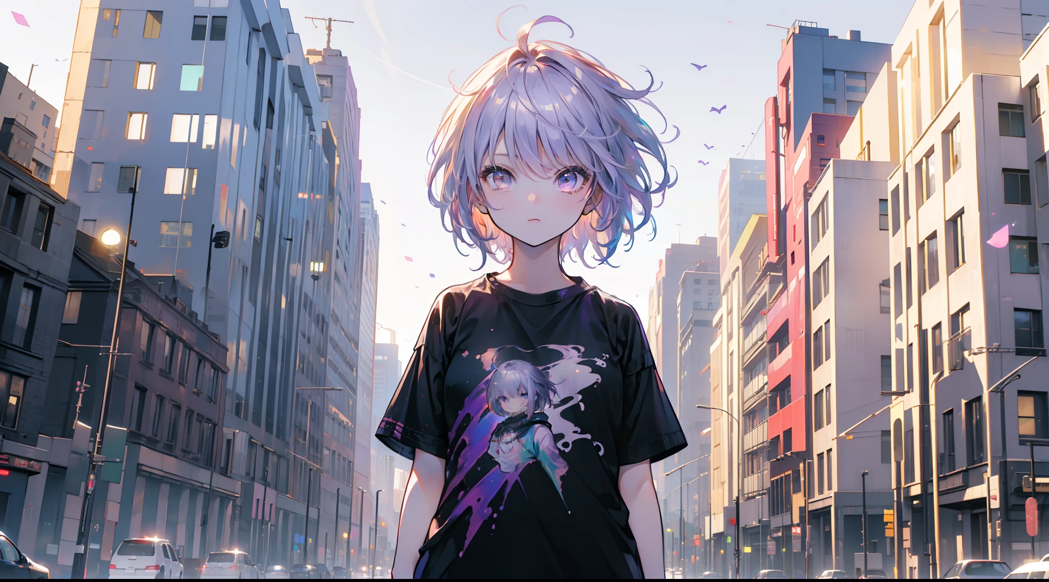 (((masterpiece))),(((4K))),(((girl))),(extremely detailed CG, ultra-detailed, best shadow), (scenery: 1.1), (short hair),(Cute half white and purple dyed hair),Black very Oversized tshirt,Niji Kei,Just like yoU