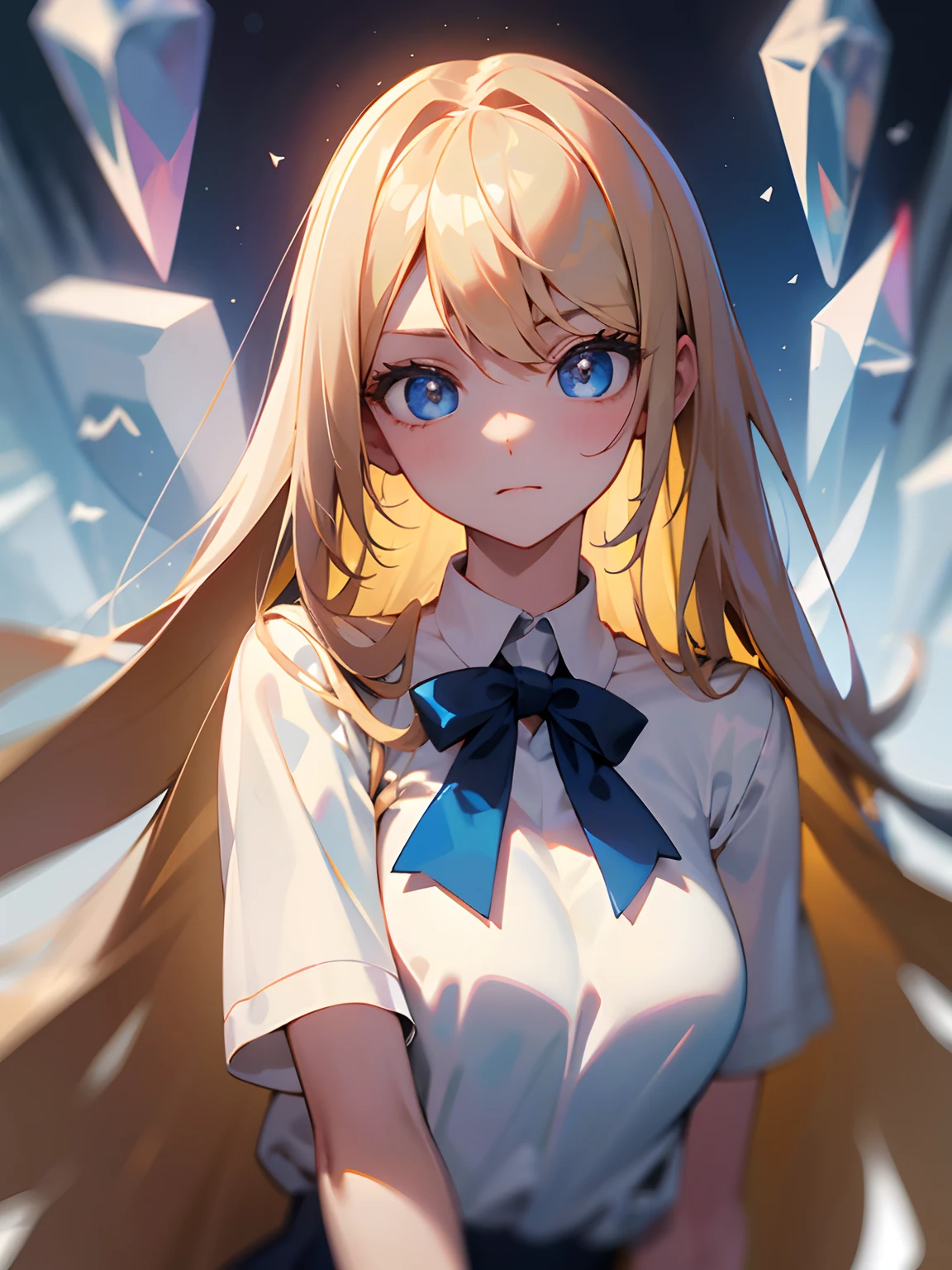 crystal clear big blue eyes、Pleasant look、platinum-blonde-hair、Super long straight hair、Silky hair、I'm worried about my bangs、Bangs between the eyes、School Uniforms、shiny young white beautiful skin、Sexy and very beautiful good looks、Beautiful and cute face、Very beautiful good girl in style、have breasts
