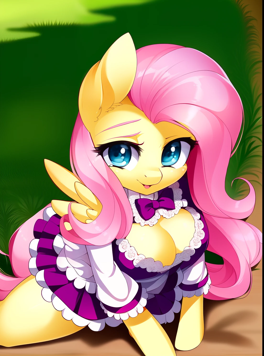 ((derpibooru_p_95)), fluttershy, solo, anthro,((best quality)), ((highly detailed)), masterpiece, (detailed eyes, deep eyes), (1girl), dynamic angle, cowboy shot, mlpfluttershy, pink hair, hair ornament, blue eyes, slight smile, yellow fur, anthro, mlp furry, nsfw, ecchi, medium breasts, maid outfit, flashing breasts, winking