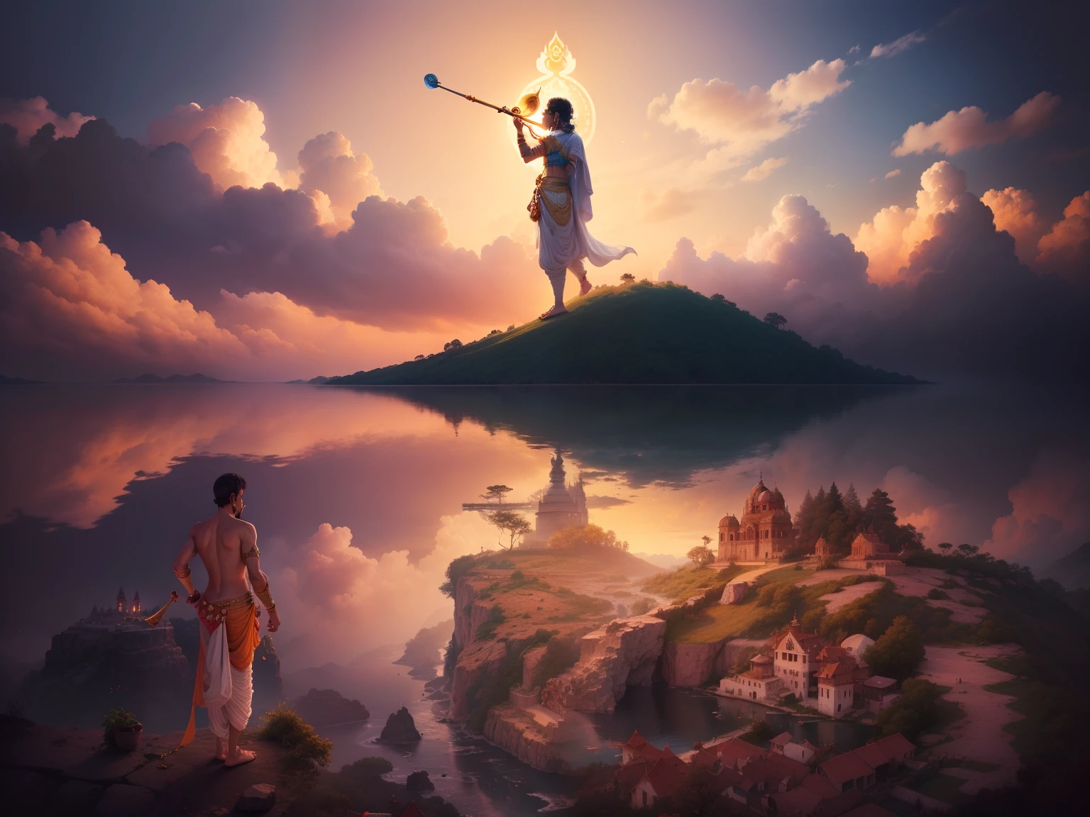 Change background vundavan theme shri krishna with flute in the sky and a lord krishna devotee worshiping him