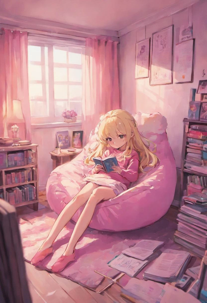 A photo of a  girl relaxing in her bedroom. She is sitting cross-legged on a white shag rug, leaning back against a pink bean bag chair. The girl has long blonde hair and is wearing jeans and a pink sweater. She is looking down at the phone in her hands and using the Snapchat app. The phone's screen shows the Snapchat camera viewfinder open. The room has white walls, pink curtains, and clutter typical of a teen's bedroom, including books, clothes, and posters.