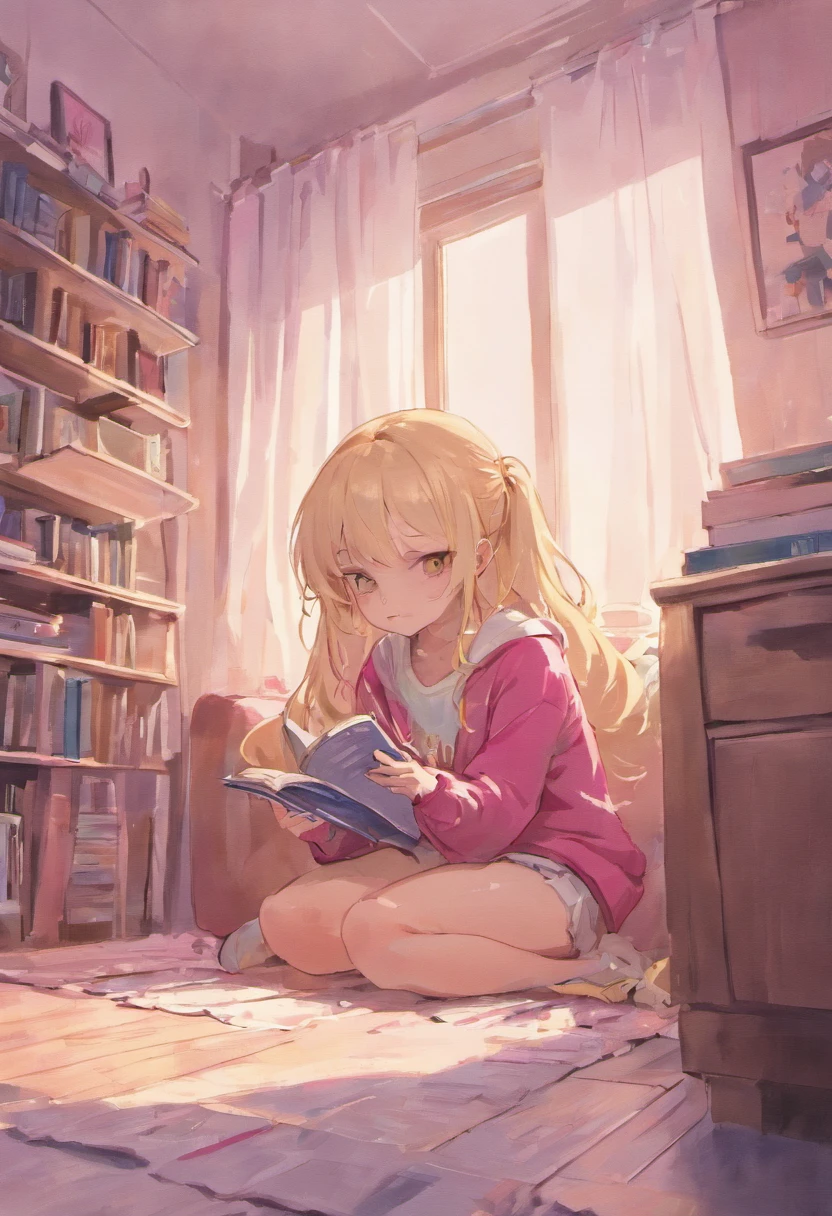 A photo of a girl relaxing in her bedroom. She is sitting cross-legged on a white shag rug, leaning back against a pink bean bag chair. The girl has long blonde hair and is wearing jeans and a pink sweater. She is looking down at the phone in her hands and using the Snapchat app. The phone's screen shows the Snapchat camera viewfinder open. The room has white walls, pink curtains, and clutter typical of a teen's bedroom, including books, clothes, and posters.