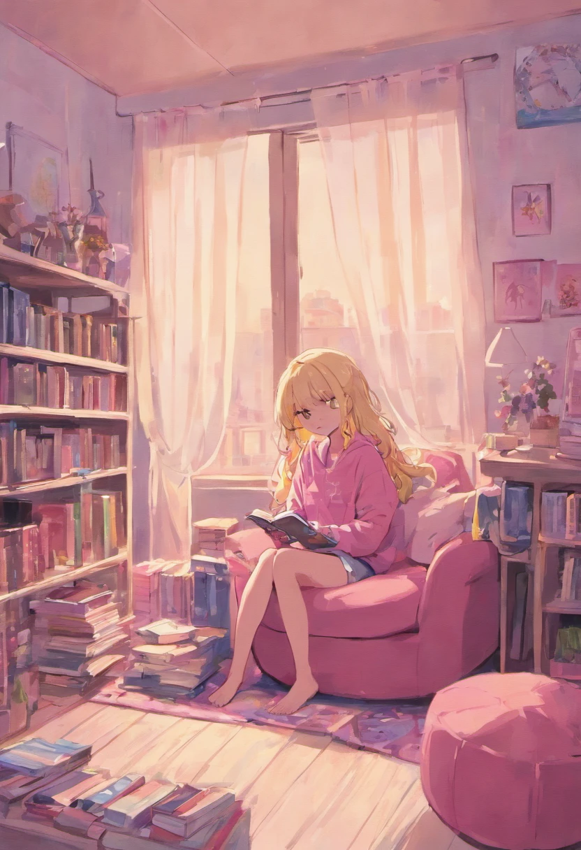 A photo of a girl relaxing in her bedroom. She is sitting cross-legged on a white shag rug, leaning back against a pink bean bag chair. The girl has long blonde hair and is wearing jeans and a pink sweater. She is looking down at the phone in her hands and using the Snapchat app. The phone's screen shows the Snapchat camera viewfinder open. The room has white walls, pink curtains, and clutter typical of a teen's bedroom, including books, clothes, and posters.