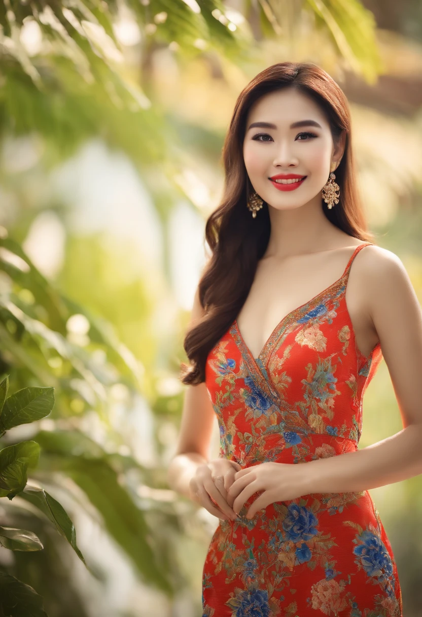 (best quality, highres, ultra-detailed), beautiful Vietnamese lady with a charming smile, short dress, intricate floral patterns on the dress, radiant and flawless skin, expressive eyes with long eyelashes, glossy lips, elegant and confident pose, vibrant and colorful background, natural lighting, portrait style