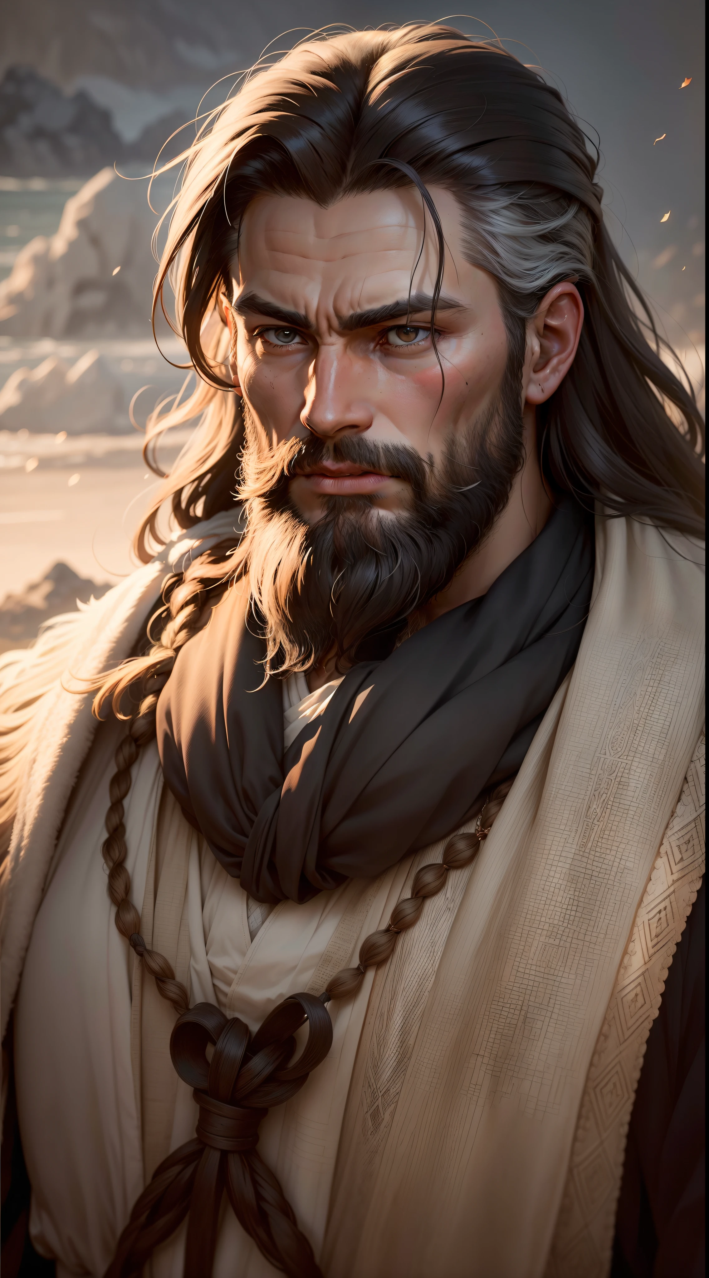 The biblical prophet Elijah possesses a commanding and distinct physical presence. His strong and penetrating gaze is characterized by deep, rich brown eyes, which seem to peer into the depths of one's soul. The intensity of his stare holds an unwavering focus, as if he can see through the veils of the world and glimpse the divine. His skin, weathered by a life of devotion and spiritual discipline, boasts a robust and tanned complexion with hints of bronze. It bears witness to the elements he has endured, a testament to his unwavering commitment to his divine calling. A striking feature of Elijah's countenance is his magnificent beard, cascading down his chin in a symphony of black and gray hues. Each strand carries the wisdom of years as if the threads themselves were woven from the secrets of the universe. It lends an air of authority and reverence to his appearance, symbolizing the depth of his spiritual journey. The prophet's well-defined cheekbones and firm jawline project a sense of strength and determination. His lips, neither thin nor full, rest in a neutral state, hinting at the gravity of his divine mission. Above his captivating eyes, his eyebrows are thick and expressive, adding to the intensity of his penetrating gaze. His noble nose, proportionate and balanced with the rest of his features, complements the overall harmony of his countenance. Elijah's ears, partially obscured by the flow of his cascading hair, appear ever attentive, ready to listen to the divine messages he receives. His broad forehead serves as a canvas of knowledge and contemplation, etched with the faint lines of profound thought and divine connection. Speaking of hair, Elijah's tresses, often worn long, possess a slightly tousled appearance, evoking the sense of a life lived in close connection with nature, windswept by the breath of the divine. In its entirety, the physical appearance of the prophet Elijah is a picture of strength, wisdom, and spiritual commitment.