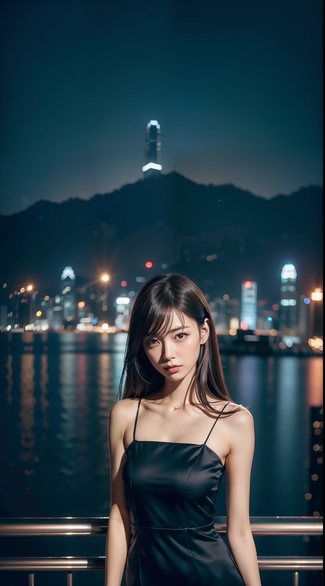 The person is１a person、beautiful japanese female、Neat face、dark brown  hair、Slim body、Longer dress、Night view of Hong Kong