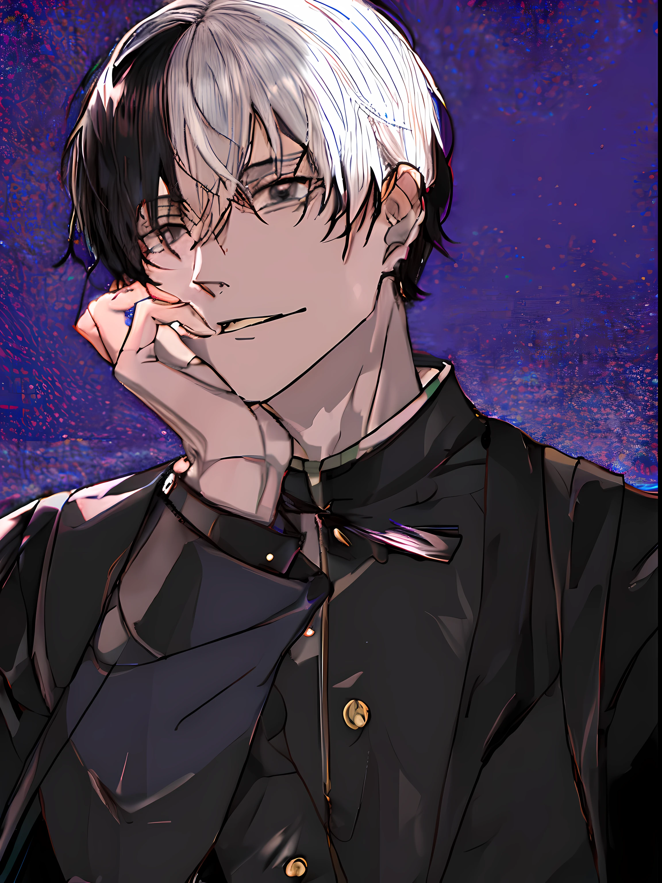 (1guy:1.3), (((with white hair and one black lock of hair in the middle))), slim, skinny, muscular body, anime handsome man, tall anime guy with dark eyes, (((black eyes))), male anime character, anime - style image of a man in a black hoodie, wearing dark robe, in a black hoodie, tall anime guy with black eyes, confident guy in demon slayer art, wearing black clothes and cape, wearing black robe, anime boy with white hair and a black lock of hair in the middle, wearing black jacket, inspired by Okumura Masanobu, inspired by Okumura Togyu, a handsome man，black short hair, anime handsome man, manga style of kentaro miura, handsome anime pose, anime portrait of a handsome man, kentaro miura manga art style, handsome guy in demon slayer art