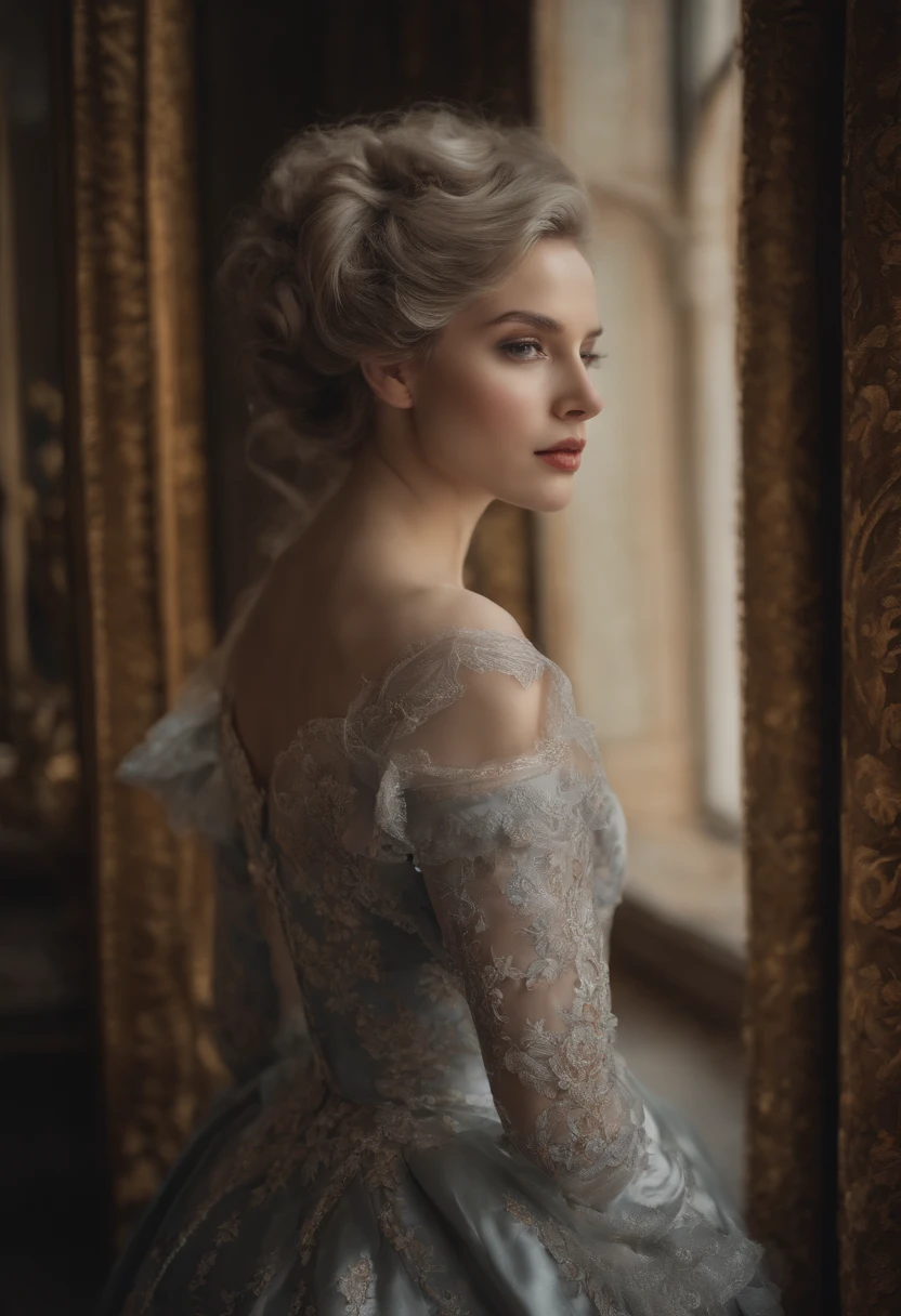 In a rococo atelier、Oil painting nude model、Highly detailed, 8K, 1girll, Grey Bicolor_hair, , , (Perfect_Face), opulent, Convoluted, Dramatic Lighting, 4K, Detailed_Background, Caustics, Portrait, , from a_Side