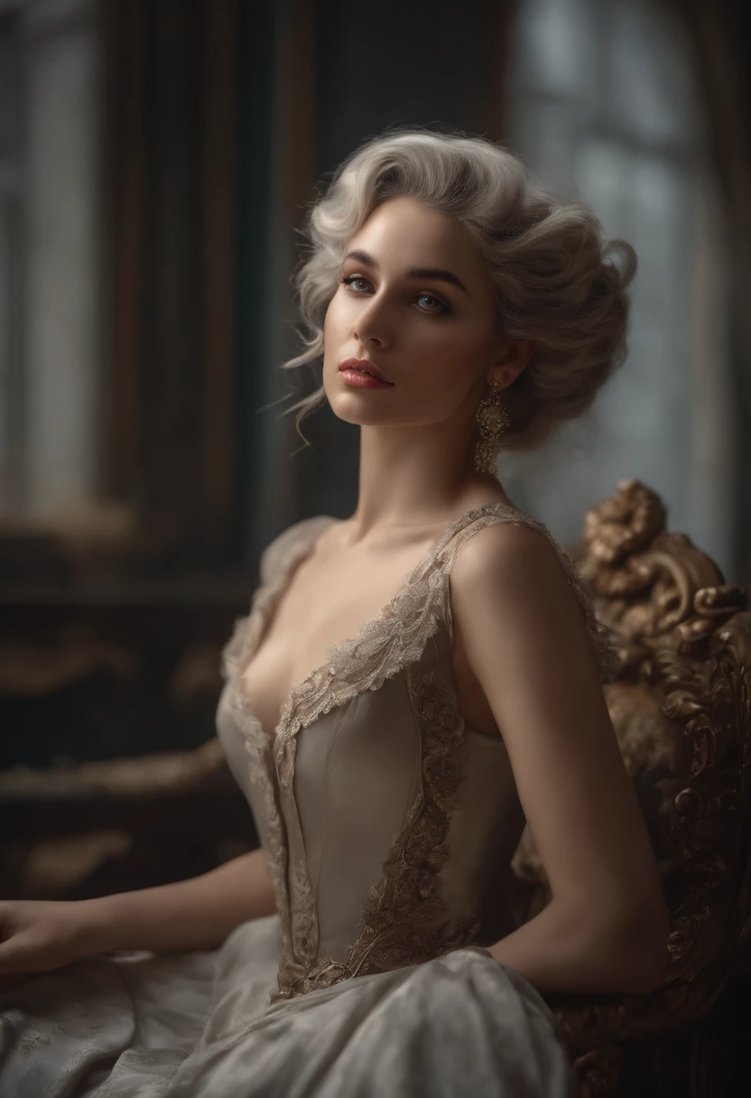 In a rococo atelier、Oil painting nude model、Highly detailed, 8K, masutepiece, 1girll, Grey Bicolor_hair, , , (Perfect_Face), opulent, Convoluted, Dramatic Lighting, 4K, Detailed_Background, Caustics, Portrait, , from a_Side