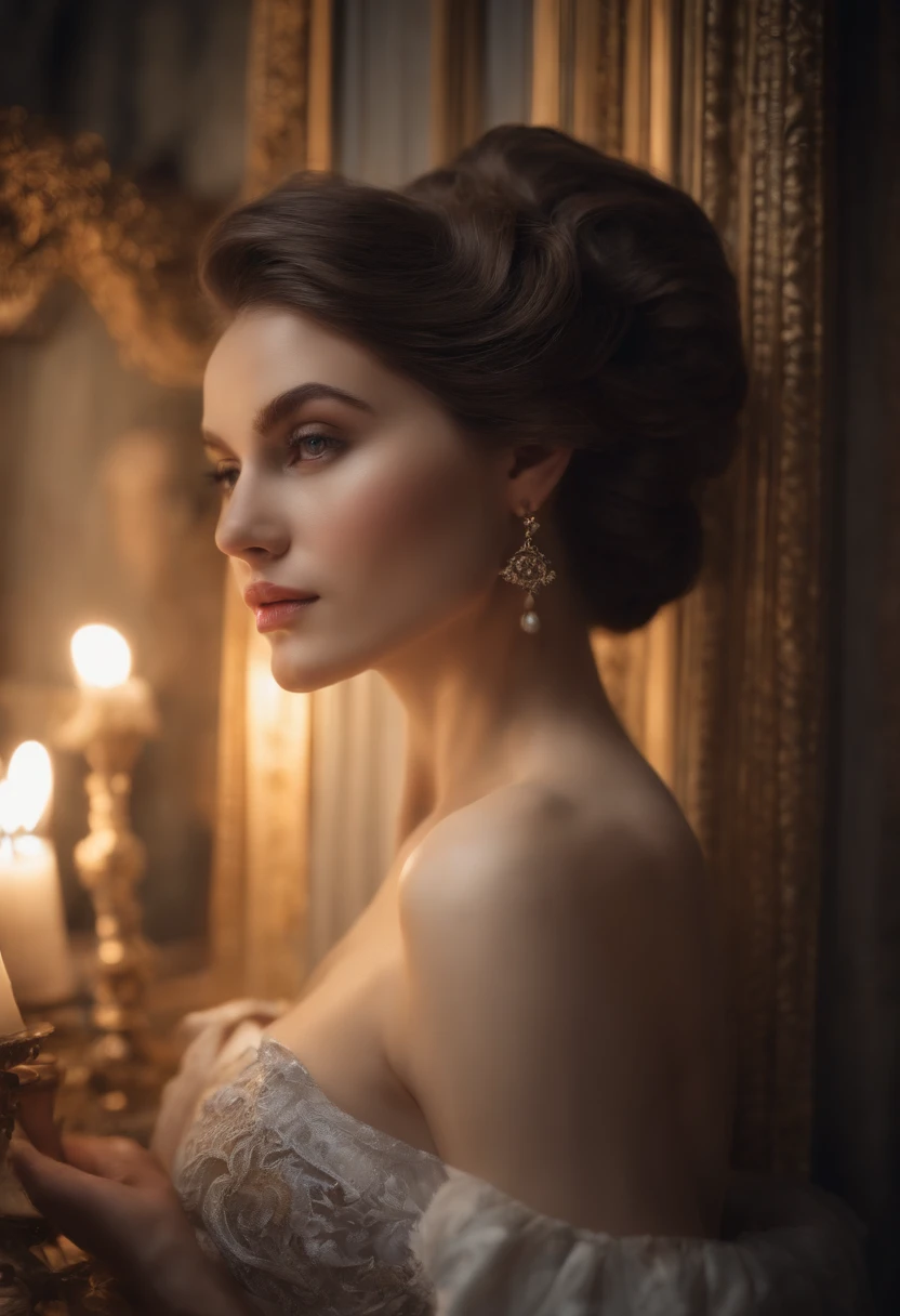 In a rococo atelier、Oil painting nude model、Highly detailed, 8K, 1girll, Grey Bicolor_hair, , , (Perfect_Face), opulent, Convoluted, Dramatic Lighting, 4K, Detailed_Background, Caustics, Portrait, , from a_Side