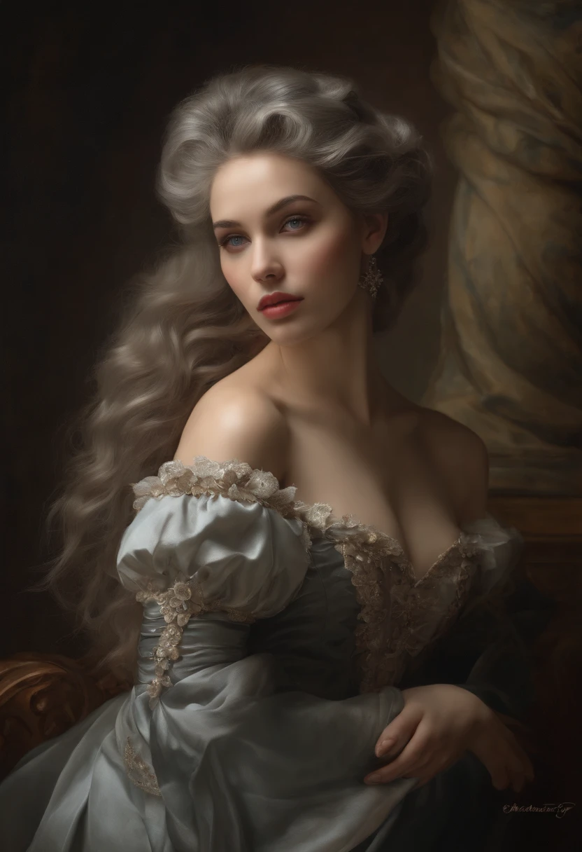 In a rococo atelier、Oil painting nude model、Highly detailed, 8K, 1girll, Grey Bicolor_hair, , , (Perfect_Face), opulent, Convoluted, Dramatic Lighting, 4K, Detailed_Background, Caustics, Portrait, , from a_Side