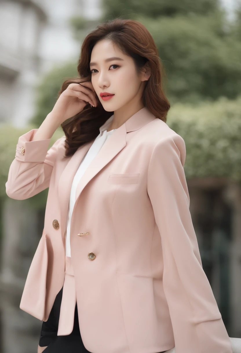 Gentle and beautiful woman, half-body photo, delicate sexy collarbone, charming oval face, Double eyelids, smart peach blossom eyes, Pink lips, a small nose, bare shoulder, focused face, face closeup, Hyper HD, Super detailing, Elegant standing, Black British Preppy Double Breasted Casual Rouge Korean Blazer, Worn with a black pleated skirt suit, Do it in background studio colors