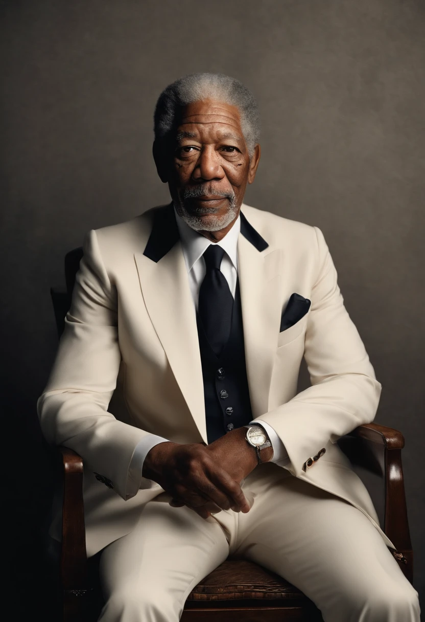 There is a man in a white suit and tie sitting in a chair, Morgan Freeman •, Morgan Freeman como Gordon Freeman, Retrato de Morgan Freeman, homem bonito, Pose triunfante, fazendo uma pose elegante, um homem de 80 anos, ele tem barba e cabelos grisalhos, an artistic pose, um velho, 2 0 1 1, 2011, ultrarealista, muito detalhado, 8k.