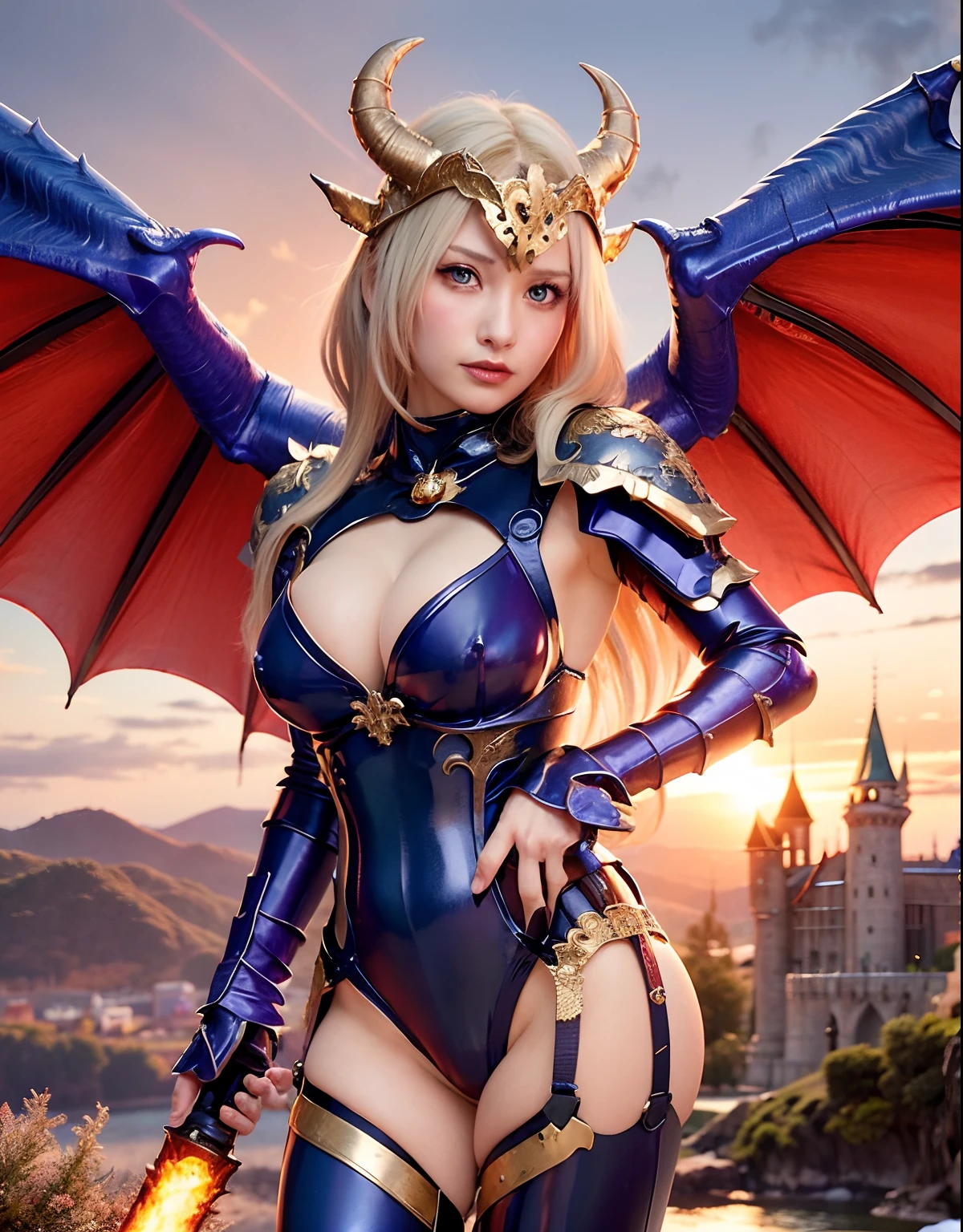 Professional , ​masterpiece、top-quality、photos realistic , depth of fields 、（Dragon Blue Metal Body:1.９),(Enamel purple、（cleavage of the breast）、Mystical expression、Dragon Gold Weapon、（Red Micro Bikini Armor:1.４),Gorgeous gold weapons ,Particles of light、（（ Dragon's dense and gorgeous sword）） , （demonic wings）、（（a blond））、（Castle background）、（（Gangle's forest background））、（（Fight dragons））、Beautiful Caucasian beauty、１a person、dynamic ungle,(((Detailed and ornate dragon helmet)))、Smaller head、A smile、Castle background、Thin and beautiful female hands、cleavage of the breast、Soldier in iron armor on background、Mystical expression、Light Effects、intense fighting、Wind-effect、magic circles、With the legendary magic wand、Dragon's tail、explosions、Anatomically correct body、