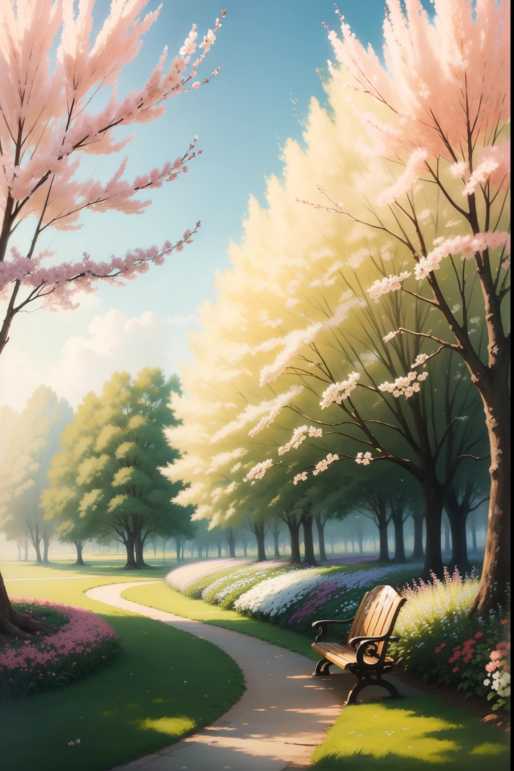 A painting of a springtime landscape, green trees and flowers, with a park bench in a garden of flowers, midday light.