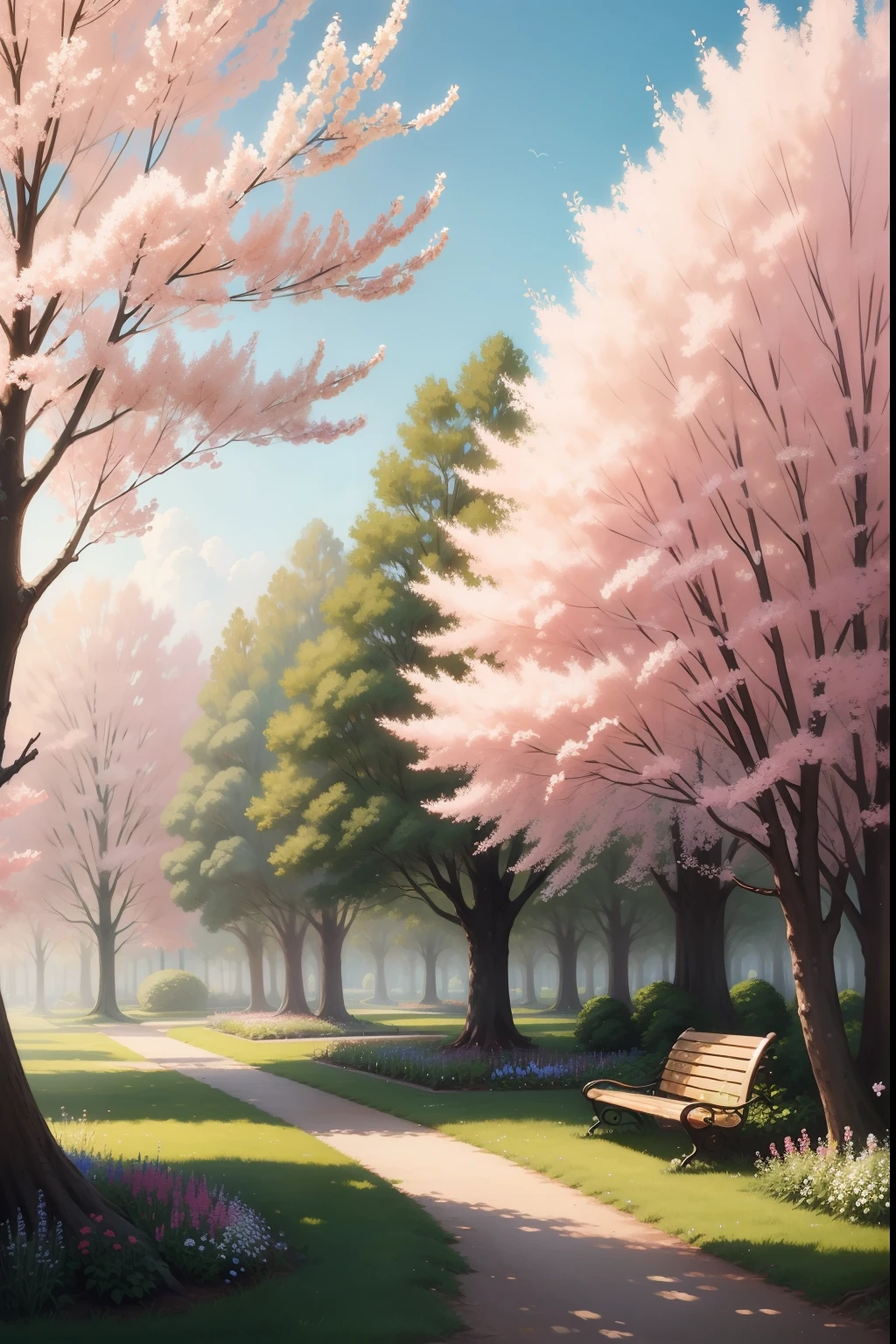 A painting of a springtime landscape, green trees and flowers, with a park bench in a garden of flowers, midday light.