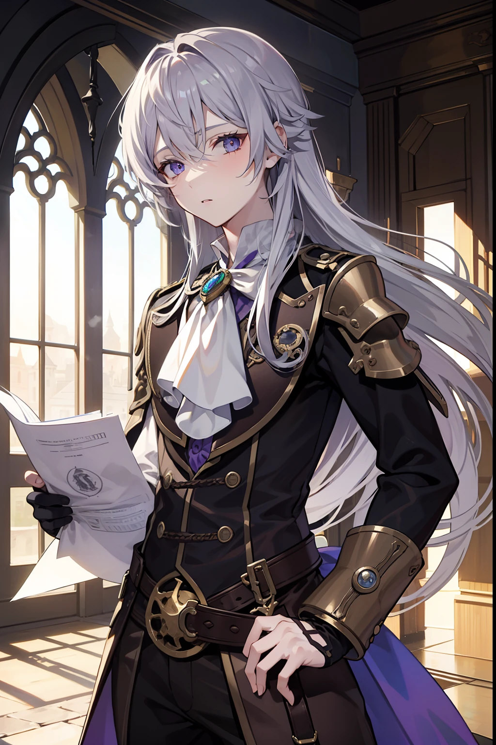 odd eye　Right eye is purple　Green left eye　With long silver hair　twinks　steampunc　male people　{{ember}}　Holding documents　in a castle
