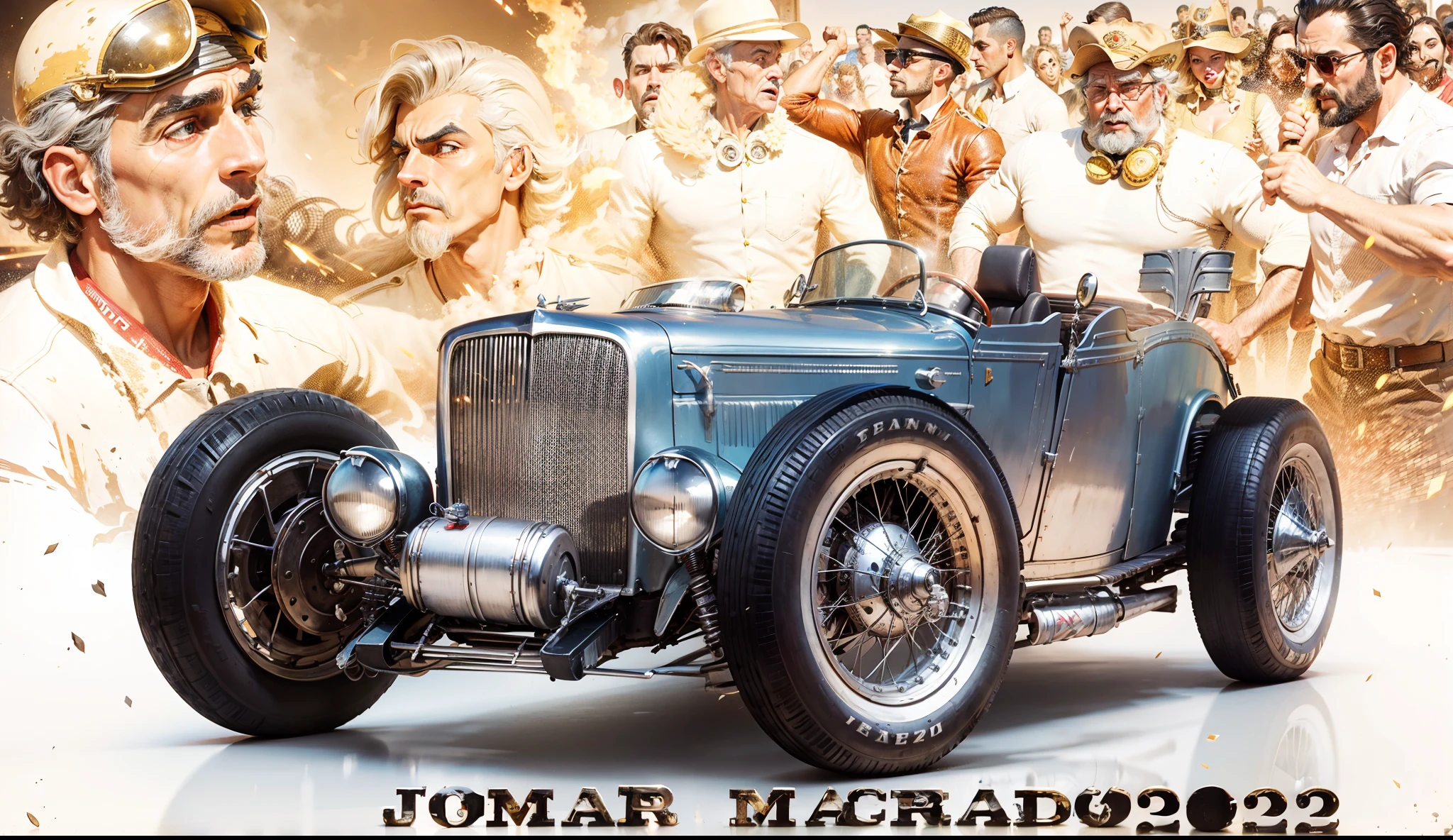 Carro de corrida vintage em primeiro plano e uma cena com pilotos de espectadores da corrida ao fundo