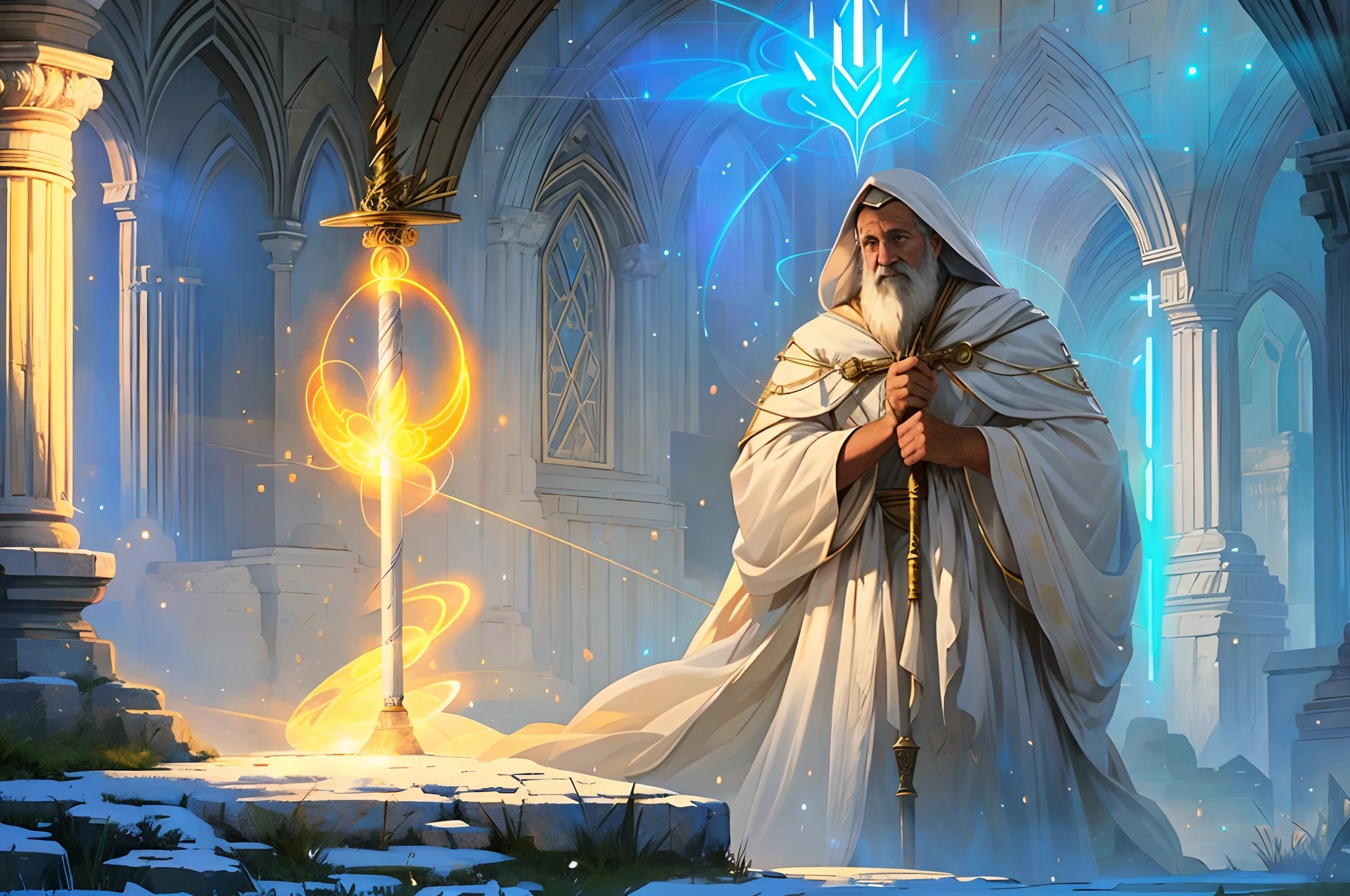 magv1ll, old wizard, white robe, holding staff, ruins, glow, magic