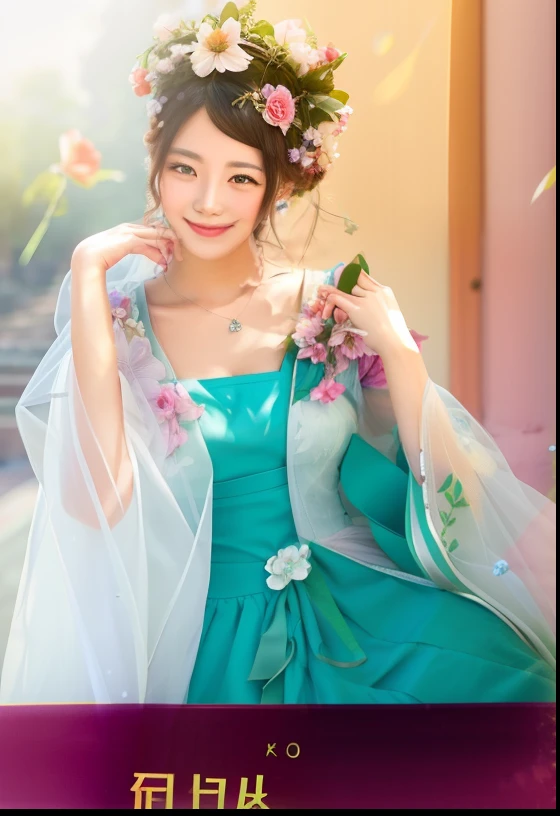 Smiling woman in dress with flowers in her hair