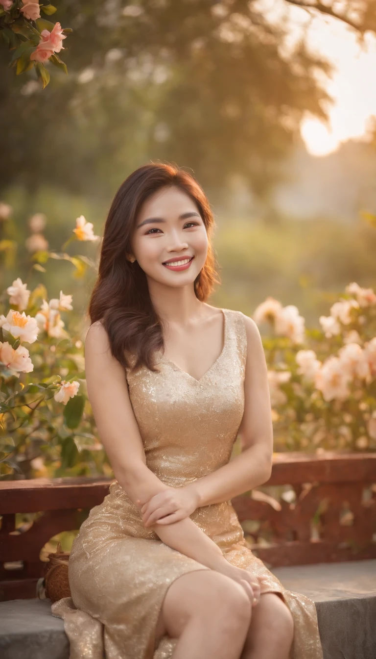 smiling beautiful Vietnamese lady, short dress, sitting, golden hour, flowers
