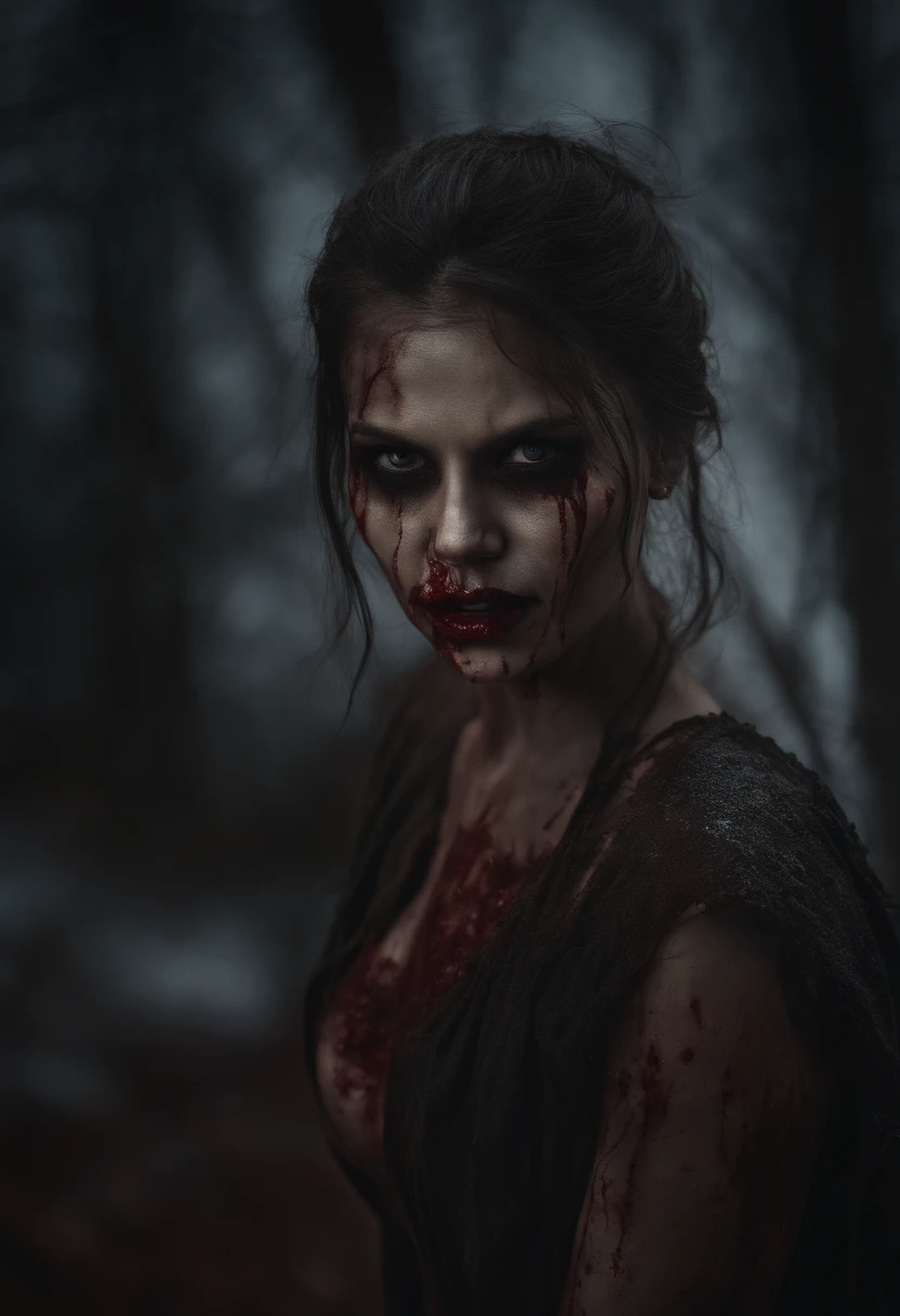 (best quality,4k,8k,highres,masterpiece:1.2),ultra-detailed,realistic,fierce,zombie girl,dark atmosphere,detailed facial features,bloody,scary eyes,gruesome lips,horror,graphic novel style,sharp shadows,creepy,deadly look,torn clothes,rotting skin,dark background,chaotic hair,gritty textures,horror movie vibes,vivid colors,haunting,menacing expression,dark lighting,horror art,stunning details,eerie ambiance,disturbing,spooky,emerging from the darkness,unsettling presence,gory details,blood splatters,haunted,gloomy,nightmarish,terrifying,macabre,evil glare.
