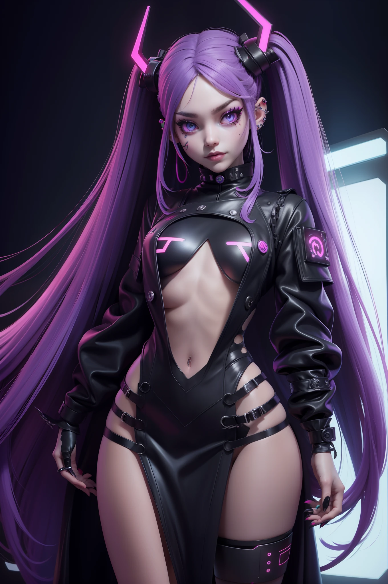 1girl in, demon girls, Long straight hair, Solo, Looking at Viewer, Lots of piercings, Tattoos all over the body, Maids, Lips, Facing the camera, neon glow, cyber punk