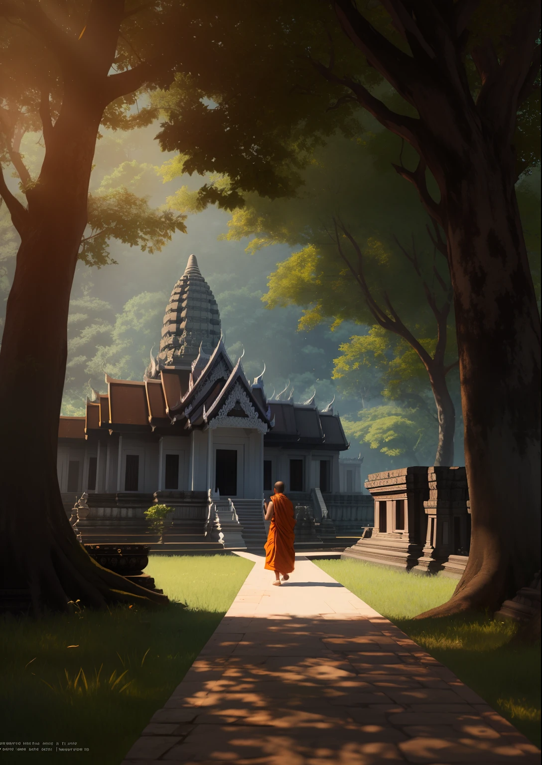 a Cambodian monk is meditating, walking in front of ankgkor wat the temple, the temple is in the forest, raw photo, surreal photo, unreal engine 4, 8k, super sharp, detailed colors, wide color coverage , extreme scene detail, shading, anti-aliasing, error detail smoothing,raw photo, surreal image, unreal engine 4, 8k, super sharp, detailed colors, wide color coverage, extremely high scene detail, shading, anti-aliasing, error detail smoothing, raw photo, surreal photo, unreal engine 4.8k, super sharp, detailed color, wide color coverage, scene detail extremely tall object , (8k, RAW photo, best quality, masterpiece:1.2), (realistic, photo-realistic:1.37),modelshoot style, (extremely detailed CG unity 8k wallpaper),professional majestic oil painting by Ed Blinkey, Atey Ghailan, Studio Ghibli, by Jeremy Mann, Greg Manchess, Antonio Moro, trending on ArtStation, trending on CGSociety, Intricate, High Detail, Sharp focus, dramatic, photorealistic painting art by midjourney and greg rutkowski, scene detail extreme objects, shading, anti-aliasing, error detail smoothing