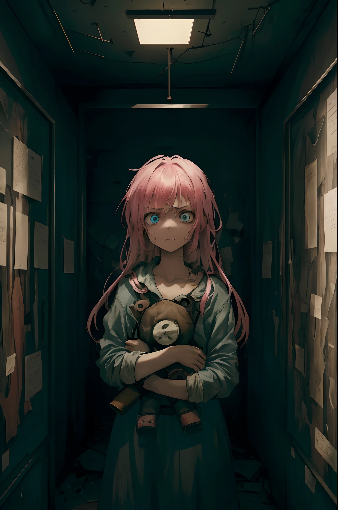 1 girl, pink hair, blue eyes, (cowboy_shot:1.2), face focus, long hair, side bangs, scared, (terrified:1.1) sly expression, atmospheric lighting, angry, dark, in an old abandoned house, glass cabinets transparent full of interesting objects, dusty, post-apocalypse, cobwebs, excellent and beautiful 8K wallpaper, extremely detailed, intricate