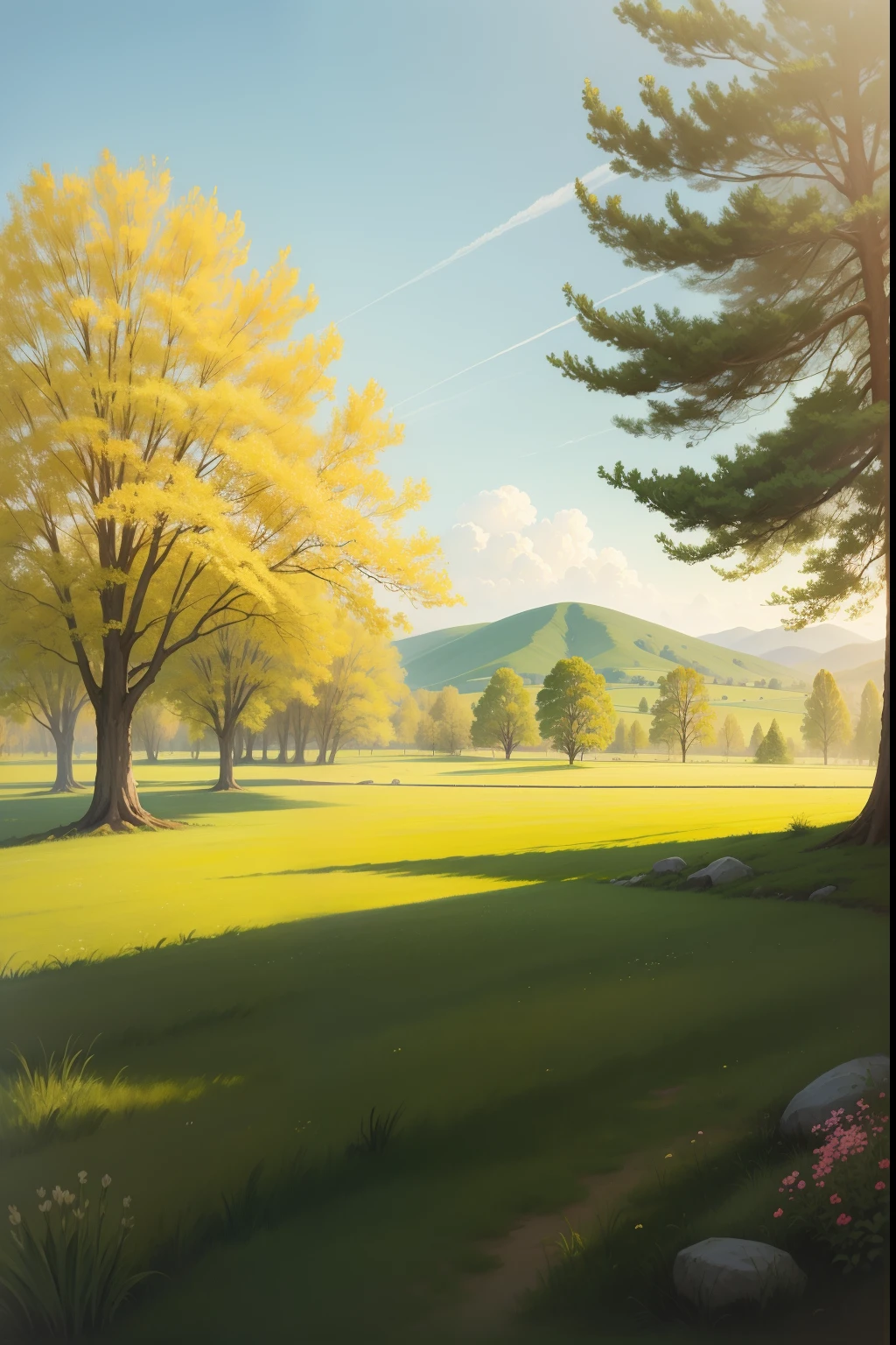 A painting of a springtime landscape, wide open green grass field, blinding bright sun in sky, midday light.