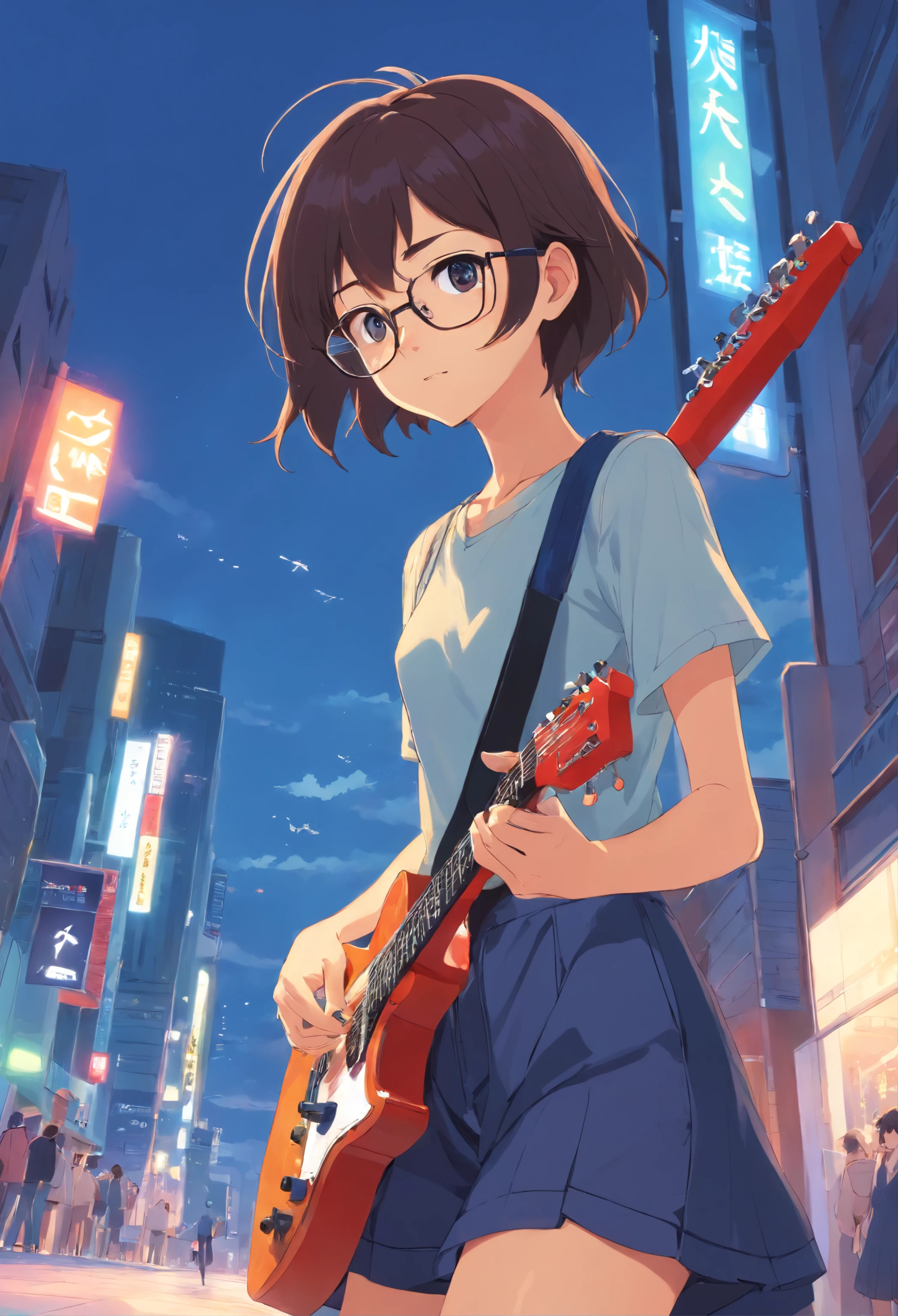 a kinda nerd girl with glasses, playing a black 'fernandez dragonfly' guitar, high detail, the dress will be black oversized t shirt, demin pants, a black choker, black sneakers, wearing a ac-dc wristband, there will be a guitar pick locket, will have a wavy black medium hair with brown highlights, high details