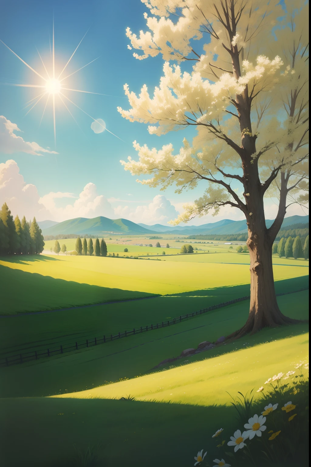 A painting of a springtime landscape, wide open green grass field, blinding bright sun in sky, midday light.