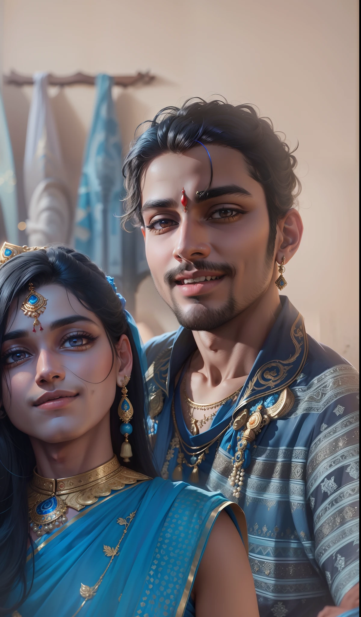 Handsome Krishna boy with black eyes smiling face wearing blue traditional dress, and beautiful Radha girl with black eyes wearing blue saree, ultra realistic, 8k quality, surrealism, best quality, best masterpiece