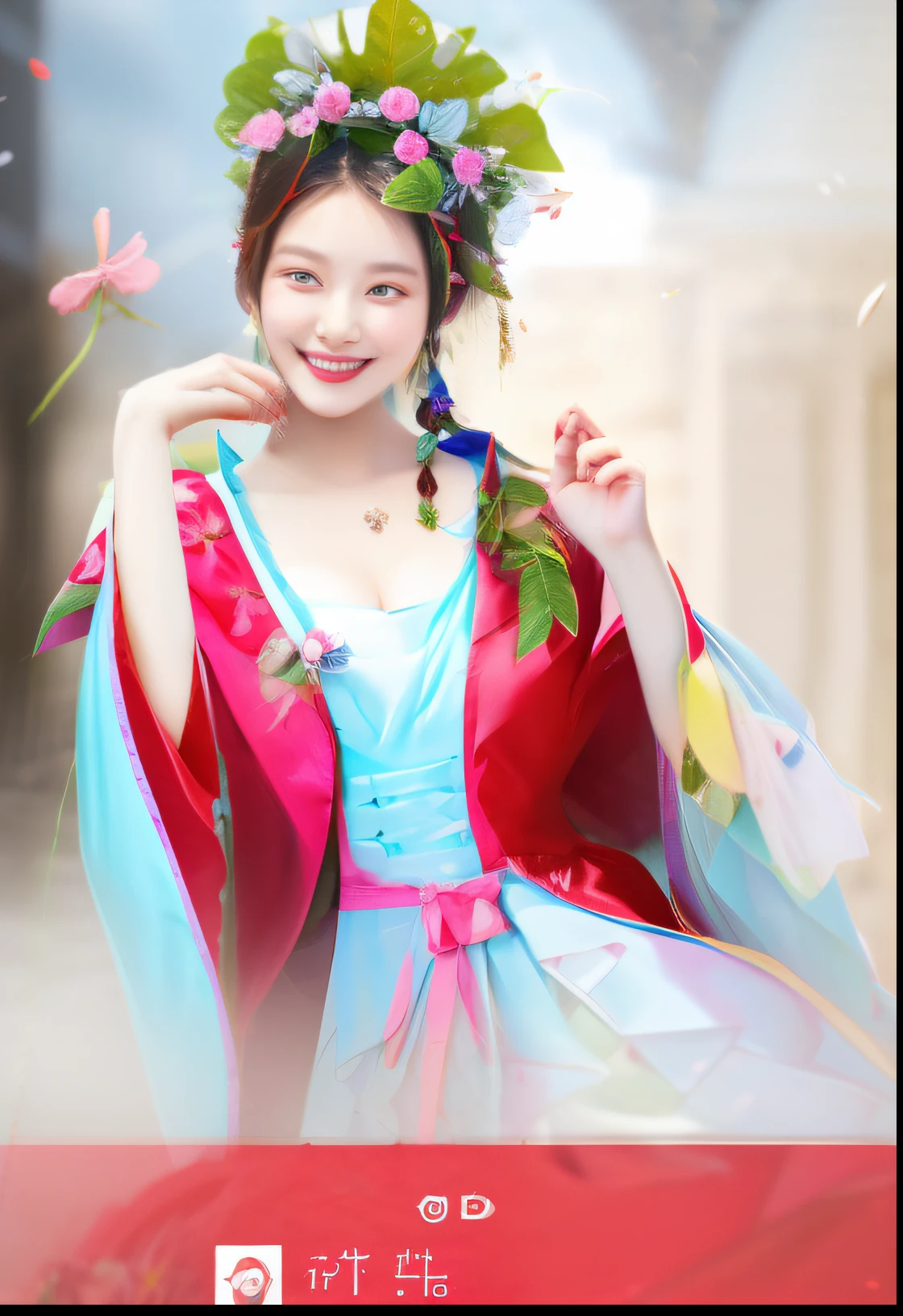 Smiling woman in dress with flowers in her hair
