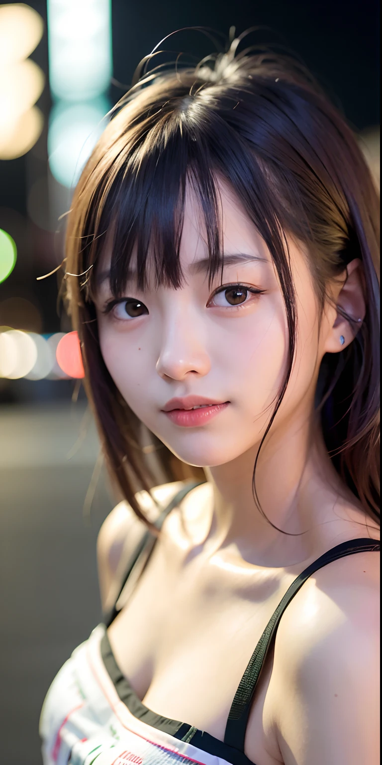 1girl, Tokyo street,night, cityscape,city lights,upper body,close-up,smile,, (8k, RAW photo, best quality, masterpiece:1.2),(realistic, photo-realistic:1.37),