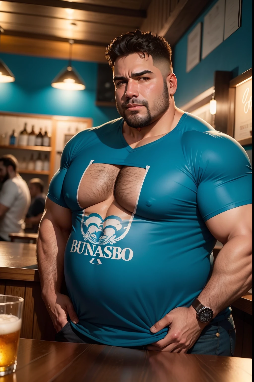 um homem super gordo e barrigudo de camisa azul em um bar bebendo cerveja