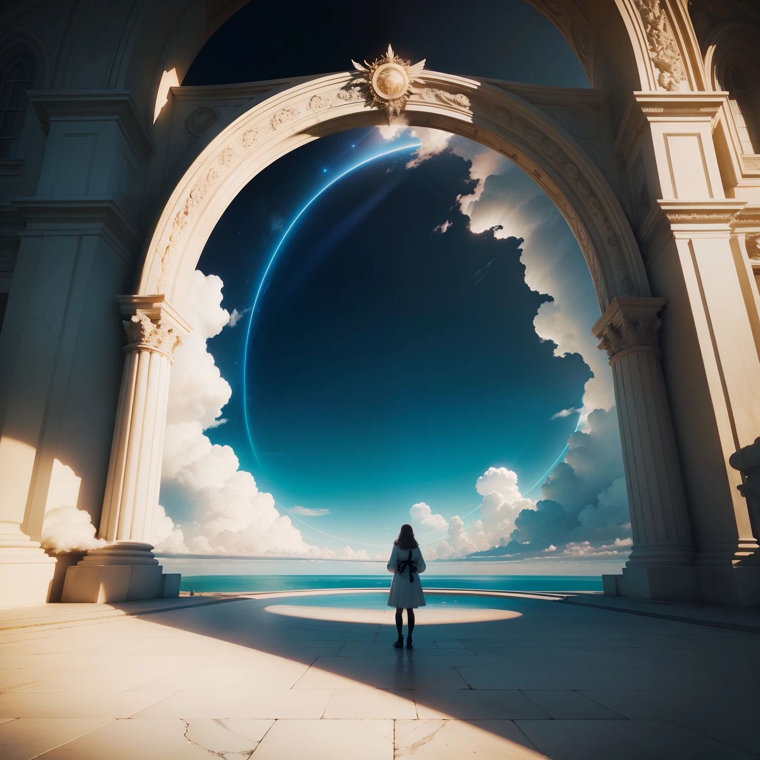 A perfect circle of a cloud-lined portal in the sky, a multitude of angels line the inside of the portal, looking down over the circle's edge, view from directly below