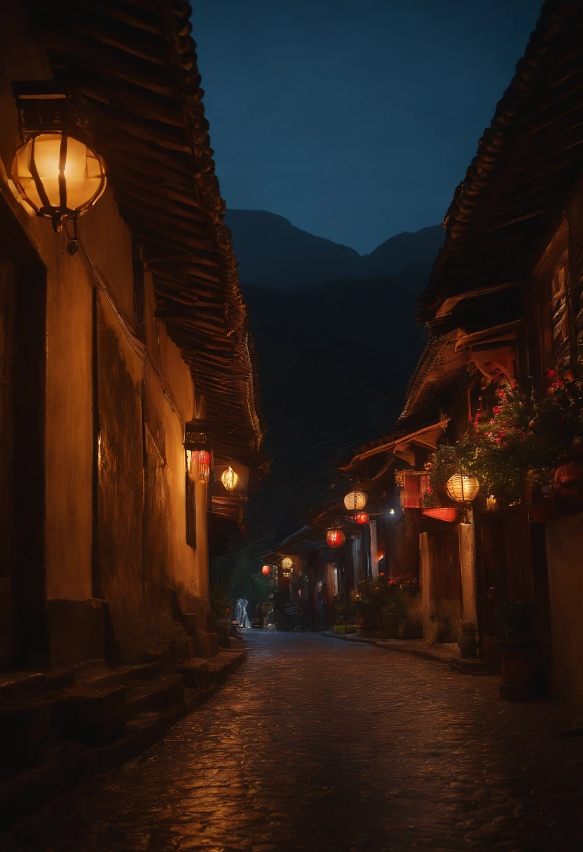 arafed view of a village with a lot of lights on the buildings, dreamy chinese town, chinese village, amazing wallpaper, japanese town, japanese village, hyper realistic photo of a town, old asian village, japanese city, by Raymond Han, rainy evening, cyberpunk chinese ancient castle, beautifully lit buildings, at evening during rain, beautiful and aesthetic, photography, cinematic, 8k, high detailed ((Heavy rain)))