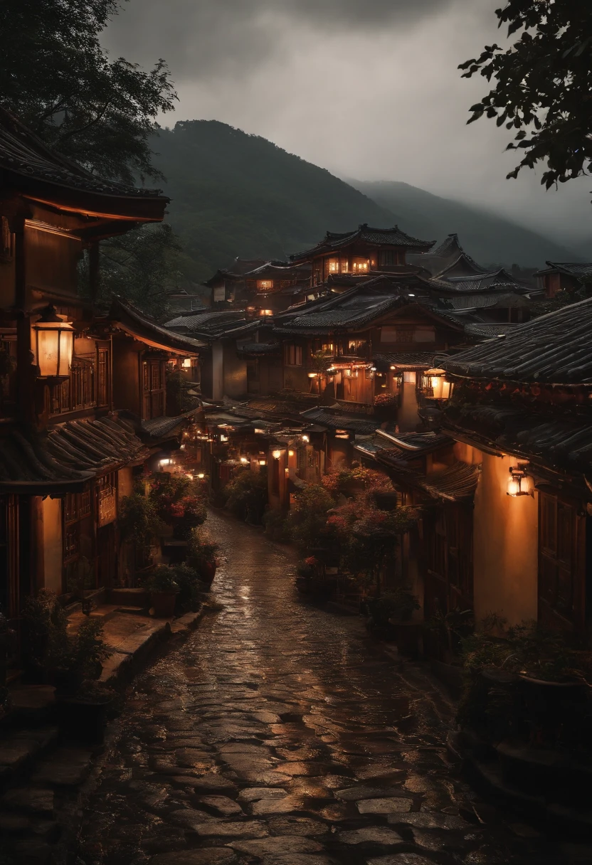 arafed view of a village with a lot of lights on the buildings, dreamy chinese town, chinese village, amazing wallpaper, japanese town, japanese village, hyper realistic photo of a town, old asian village, japanese city, by Raymond Han, rainy evening, cyberpunk chinese ancient castle, beautifully lit buildings, at evening during rain, beautiful and aesthetic, photography, cinematic, 8k, high detailed ((Heavy rain)))