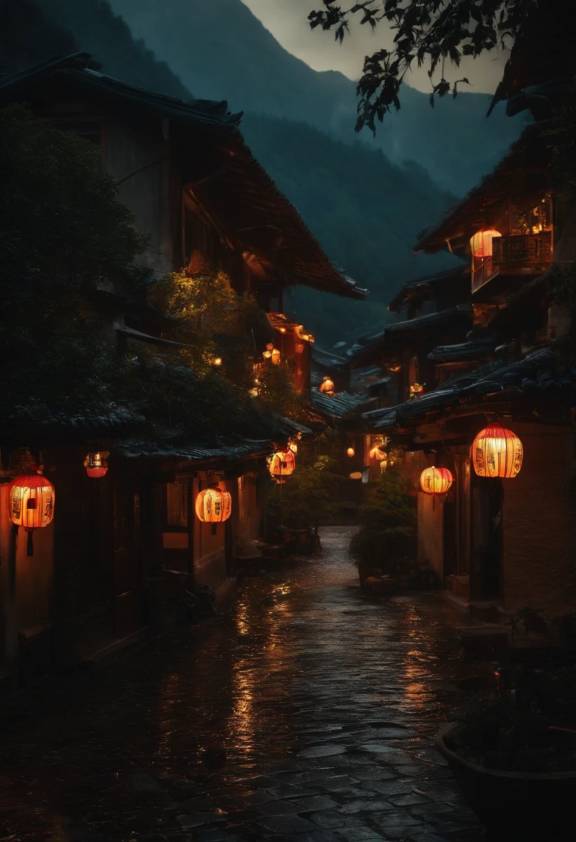 arafed view of a village with a lot of lights on the buildings, dreamy chinese town, chinese village, amazing wallpaper, japanese town, japanese village, hyper realistic photo of a town, old asian village, japanese city, by Raymond Han, rainy evening, cyberpunk chinese ancient castle, beautifully lit buildings, at evening during rain, beautiful and aesthetic, photography, cinematic, 8k, high detailed ((Heavy rain)))