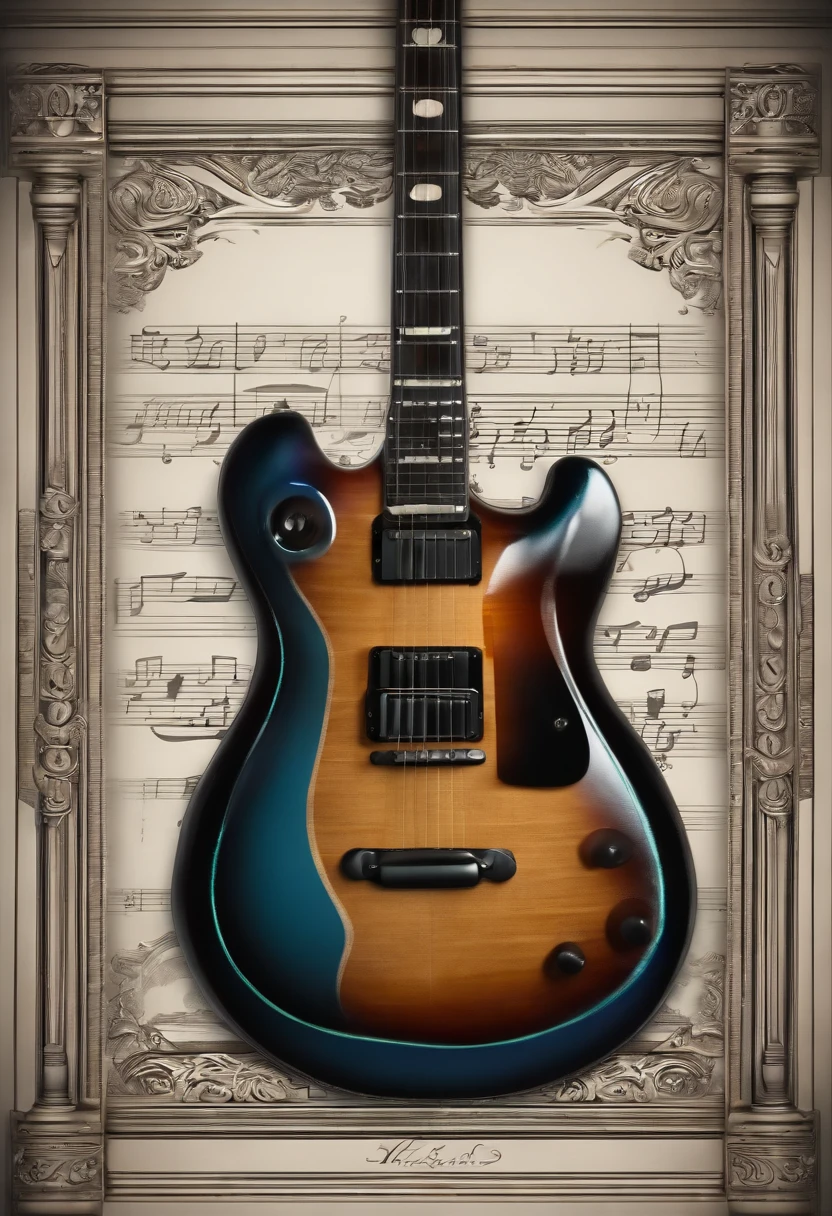 Create a realistic 3D guitar, frontal, de cor amadeirado