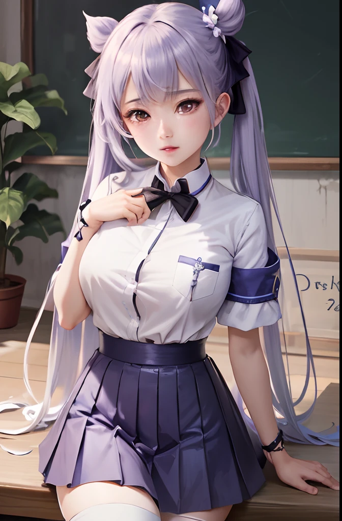 Keqing ,genshin impact,anime girl,solo in the school,purple hari,long hair, white dress, beautiful, super realistic, high quality