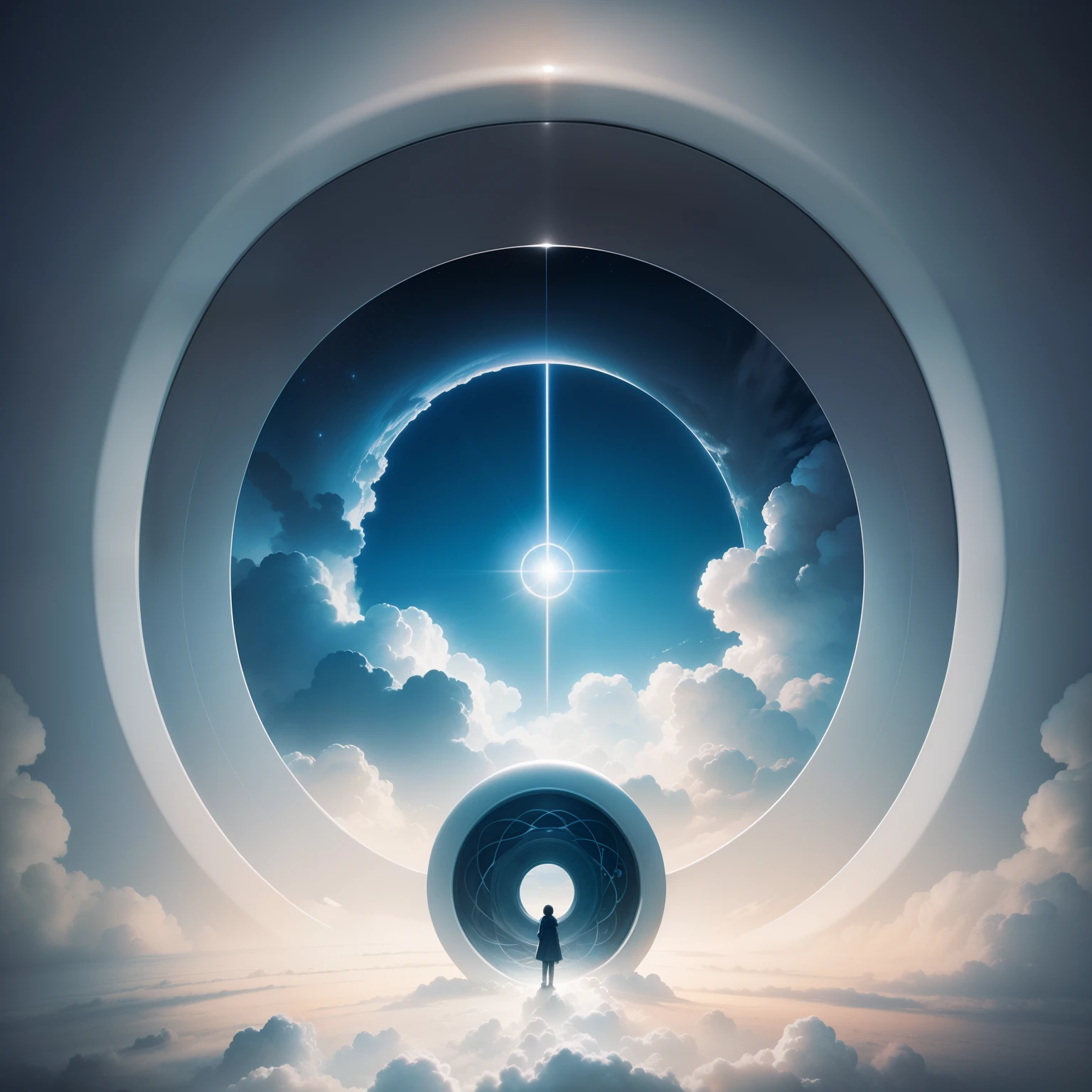 A perfect circle of a cloud-lined portal in the sky, a multitude of angels line the inside of the portal, looking down over the circle's edge, view from directly below