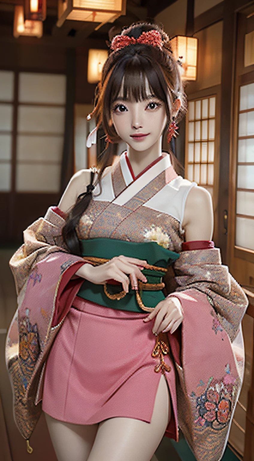 Official art, 统一 8k 壁纸, ultra-detailliert, Beautifully Aesthetic, masterpiece, top-quality, (Zentangle, Tangles, Entanglement), (Fractal Art: 1.4), 1girl in, A dark-haired, japanse, bare shoulders, a short skirt, Calf, ighly detailed, dynamic ungle, cowboy shot, (The most beautiful forms of chaos), A flowing, (bright colour), nffsw, (half: 1.2), japanese-inspired, (Tanka Flying Sky: 1.5), (bow ribbon: 1.3), (Dreams: 1.5), (A Japanese style: 1.5), Japan Phoenix、(A smile:0.5)、(japanese god)、