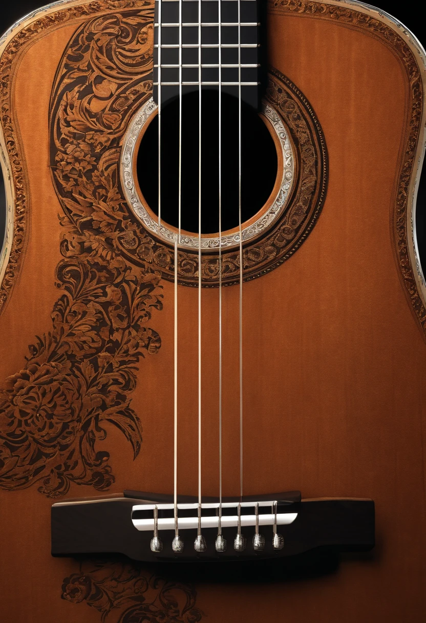 Create a realistic 3D guitar acustic, frontal, de cor amadeirado